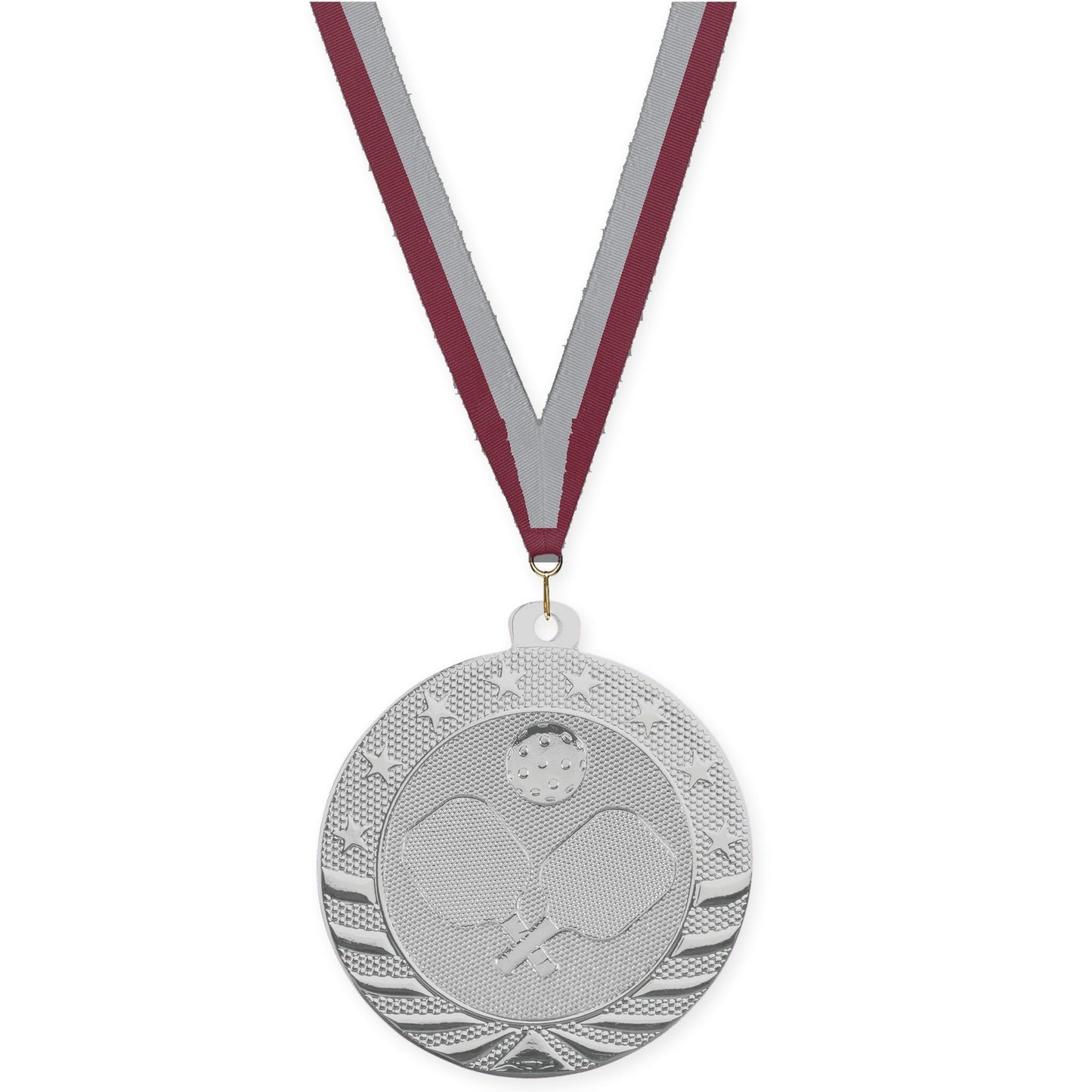 2 inch pickleball Starbrite medal in bright silver with Maroon Gray neck ribbon