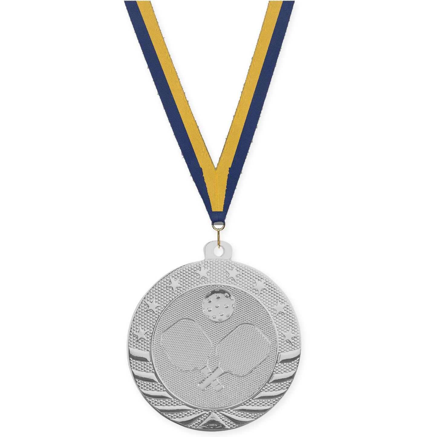 2 inch pickleball Starbrite medal in bright silver with Navy Gold neck ribbon