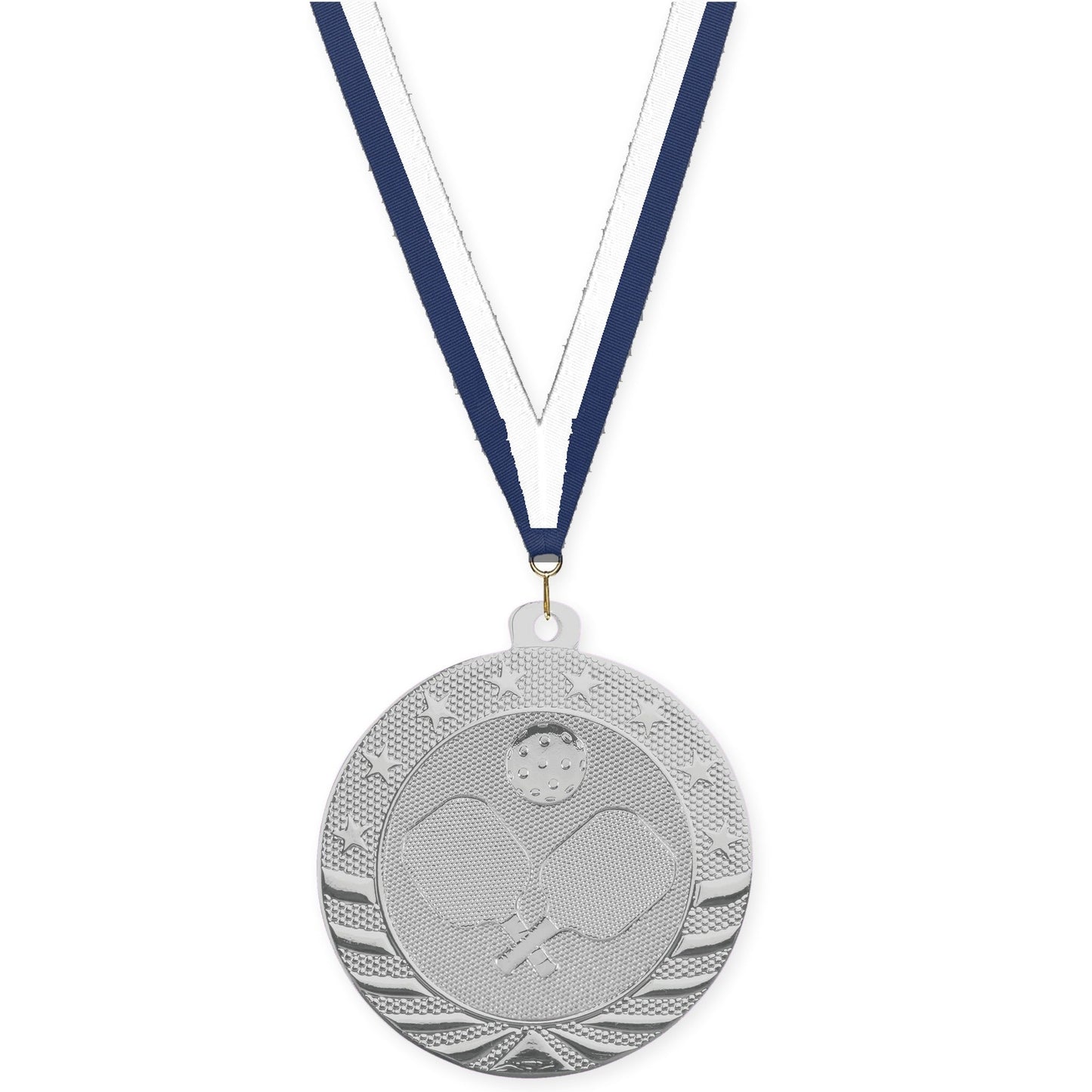 2 inch pickleball Starbrite medal in bright silver with Navy White neck ribbon
