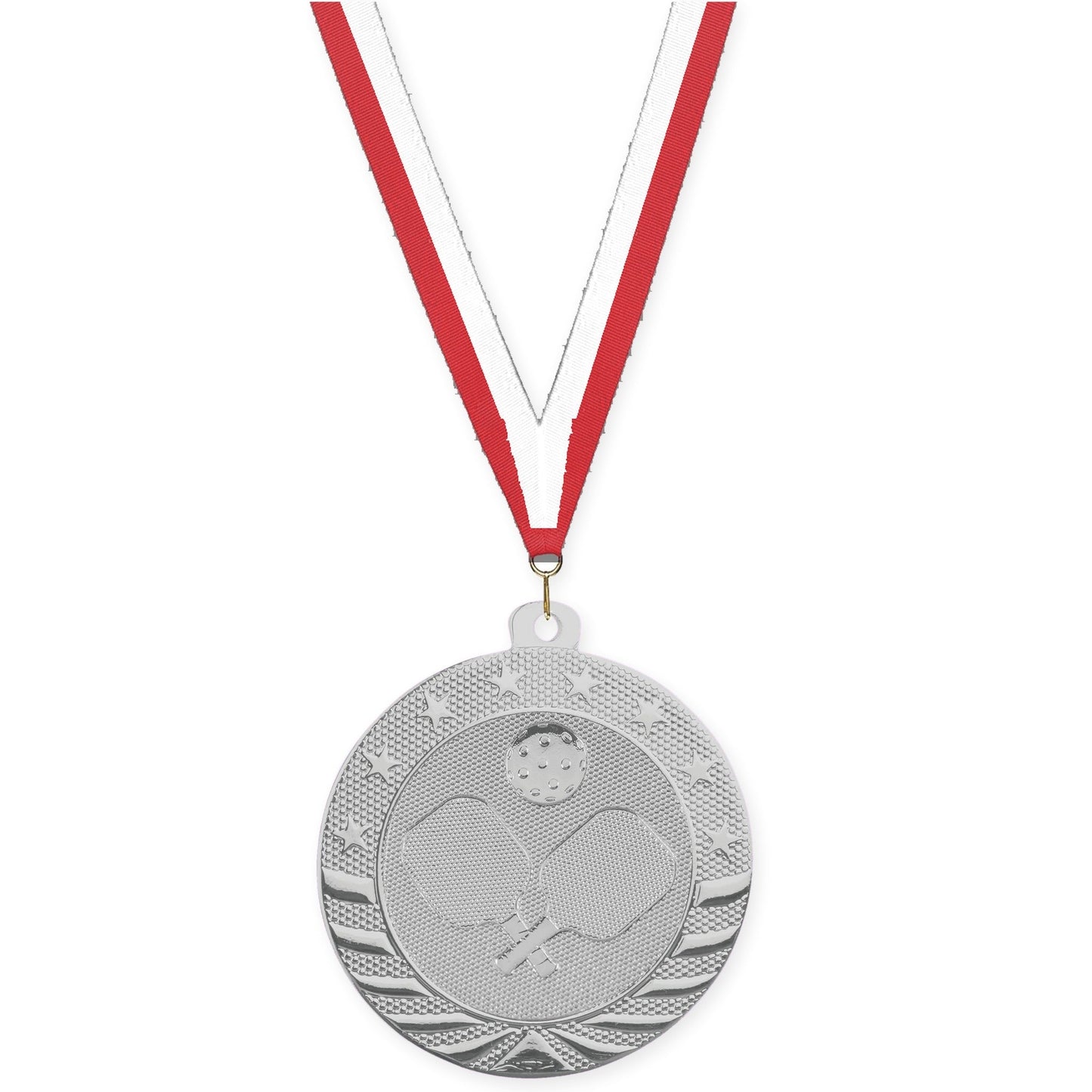 2 inch pickleball Starbrite medal in bright silver with Red White neck ribbon