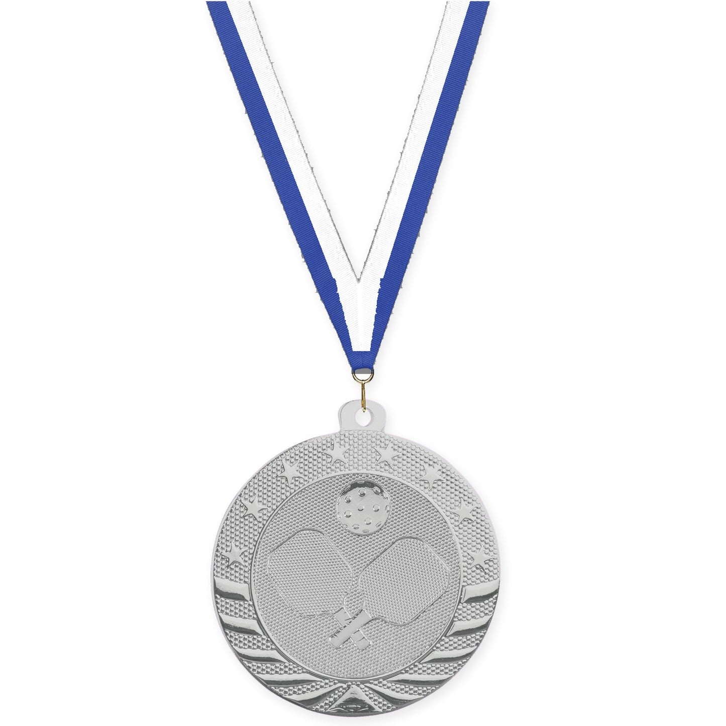 2 inch pickleball Starbrite medal in bright silver with Blue White neck ribbon