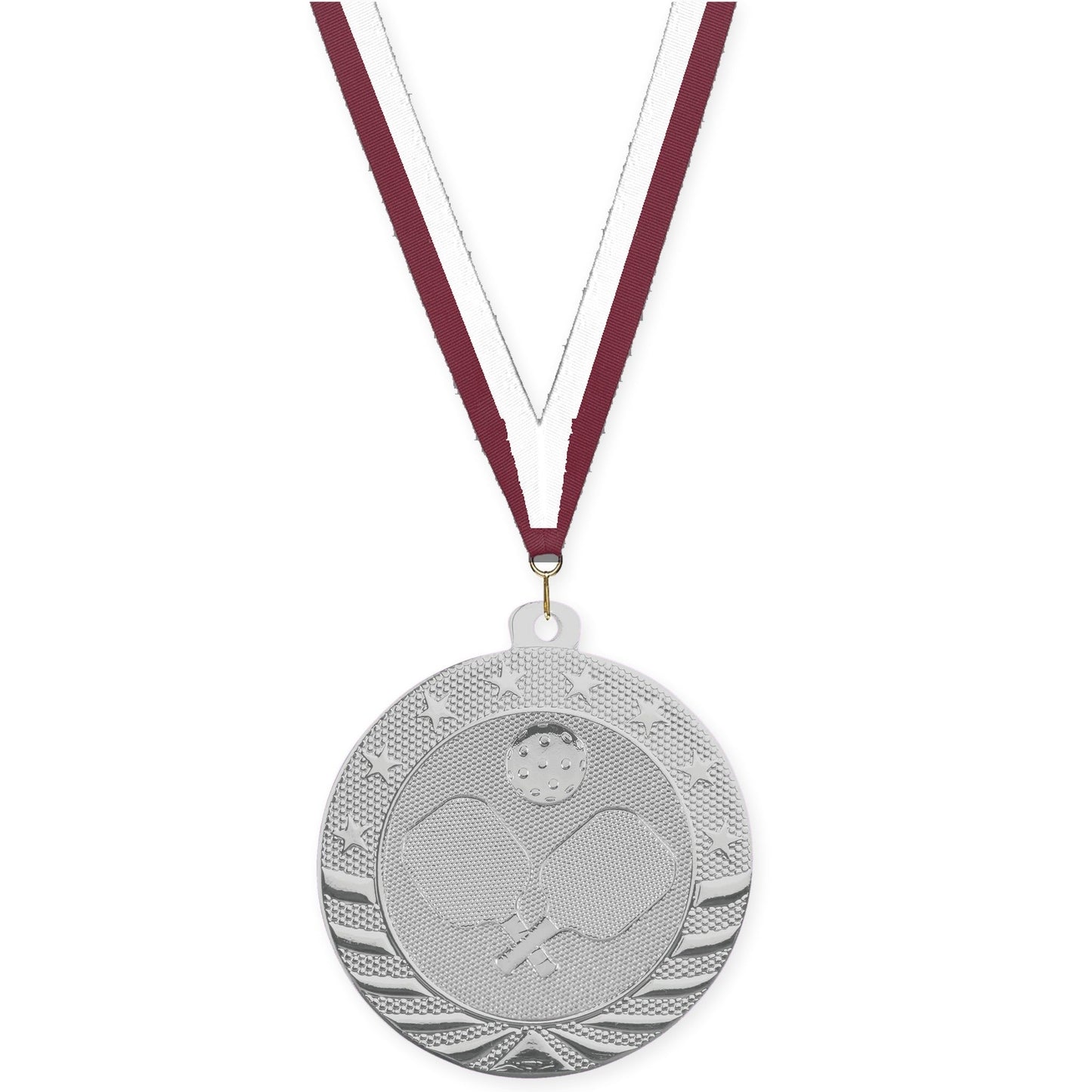 2 inch pickleball Starbrite medal in bright silver with Maroon White neck ribbon