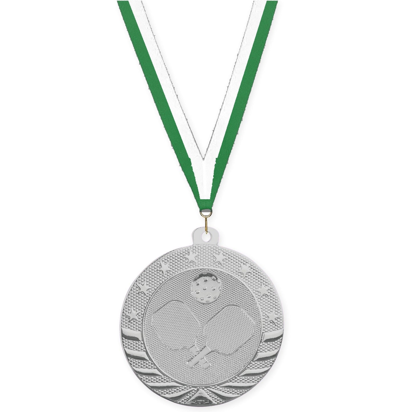 2 inch pickleball Starbrite medal in bright silver with Green White neck ribbon