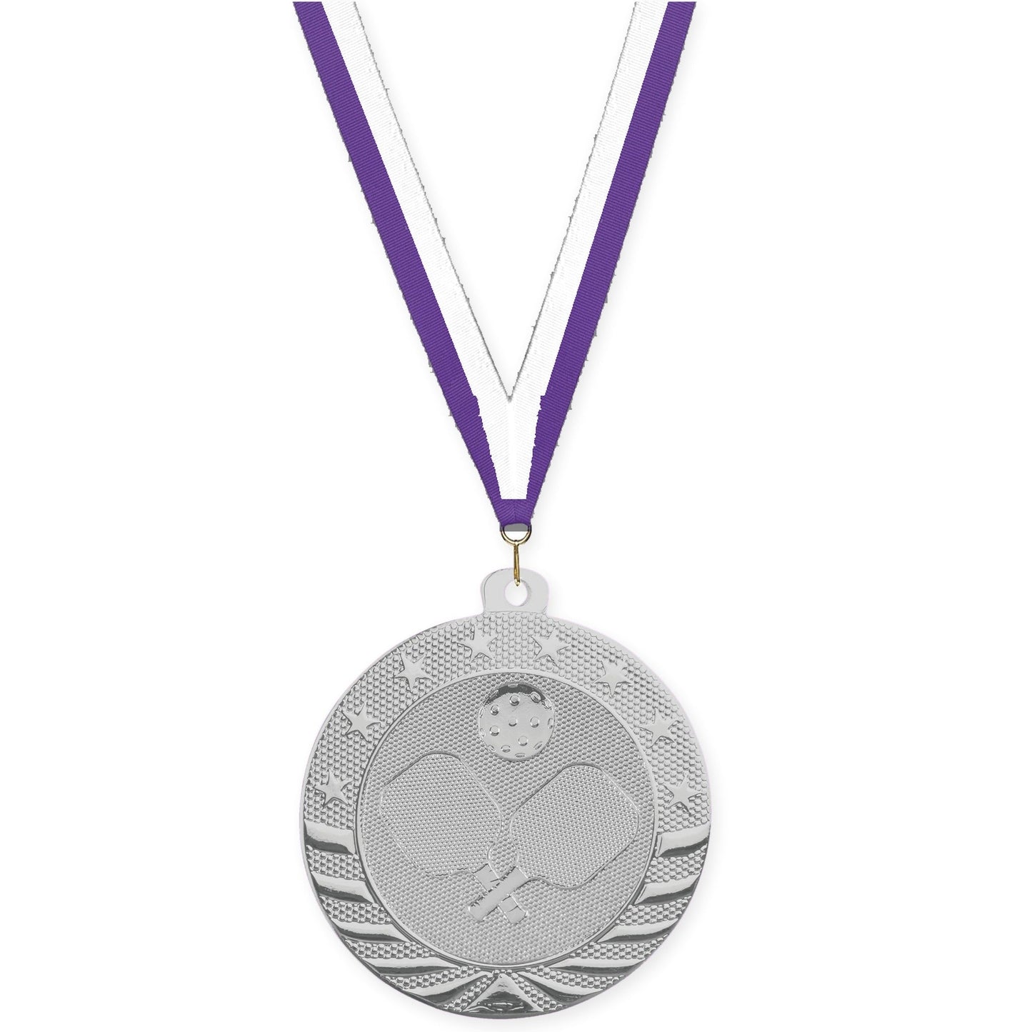 2 inch pickleball Starbrite medal in bright silver with Purple White neck ribbon