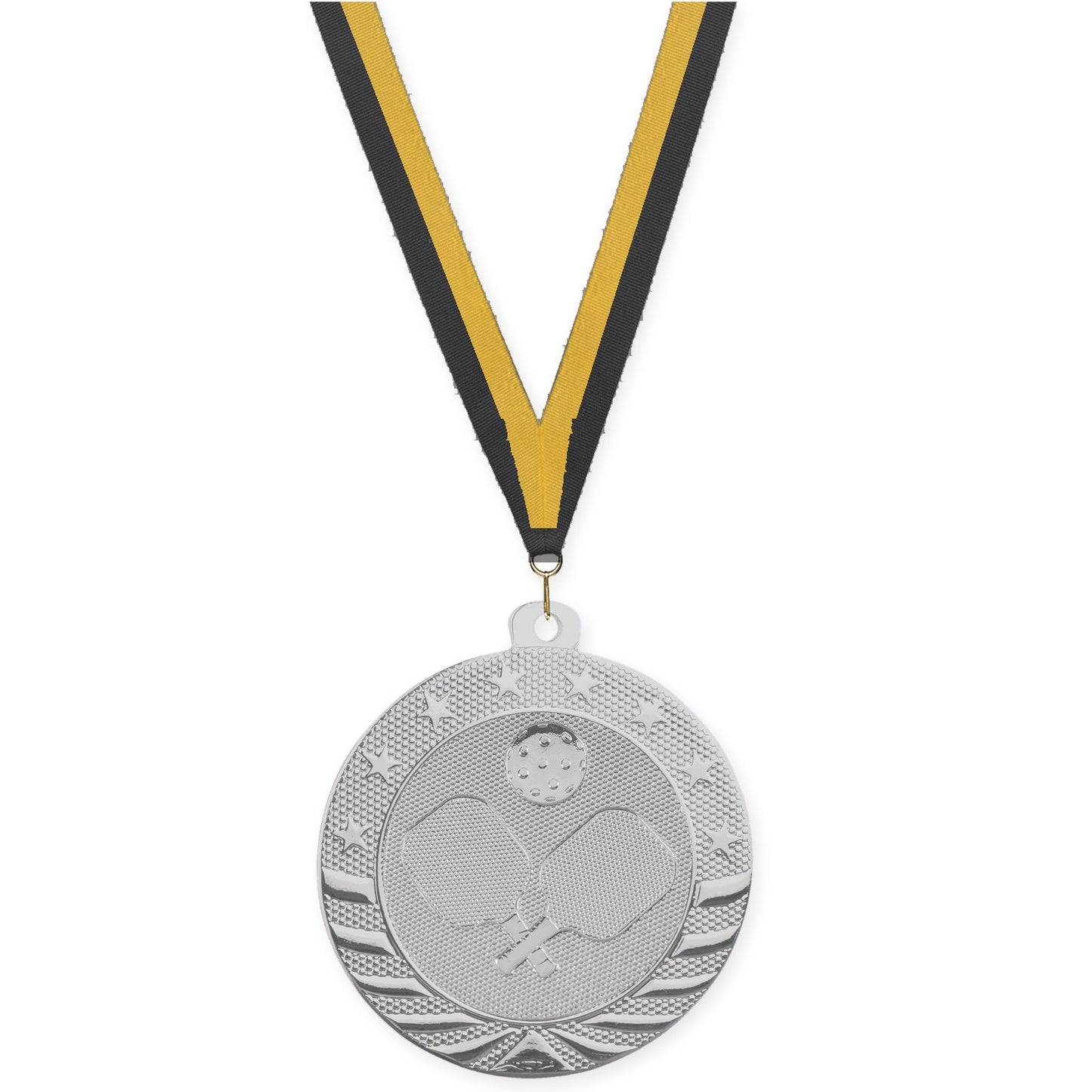 2 inch pickleball Starbrite medal in bright silver with Black Gold neck ribbon
