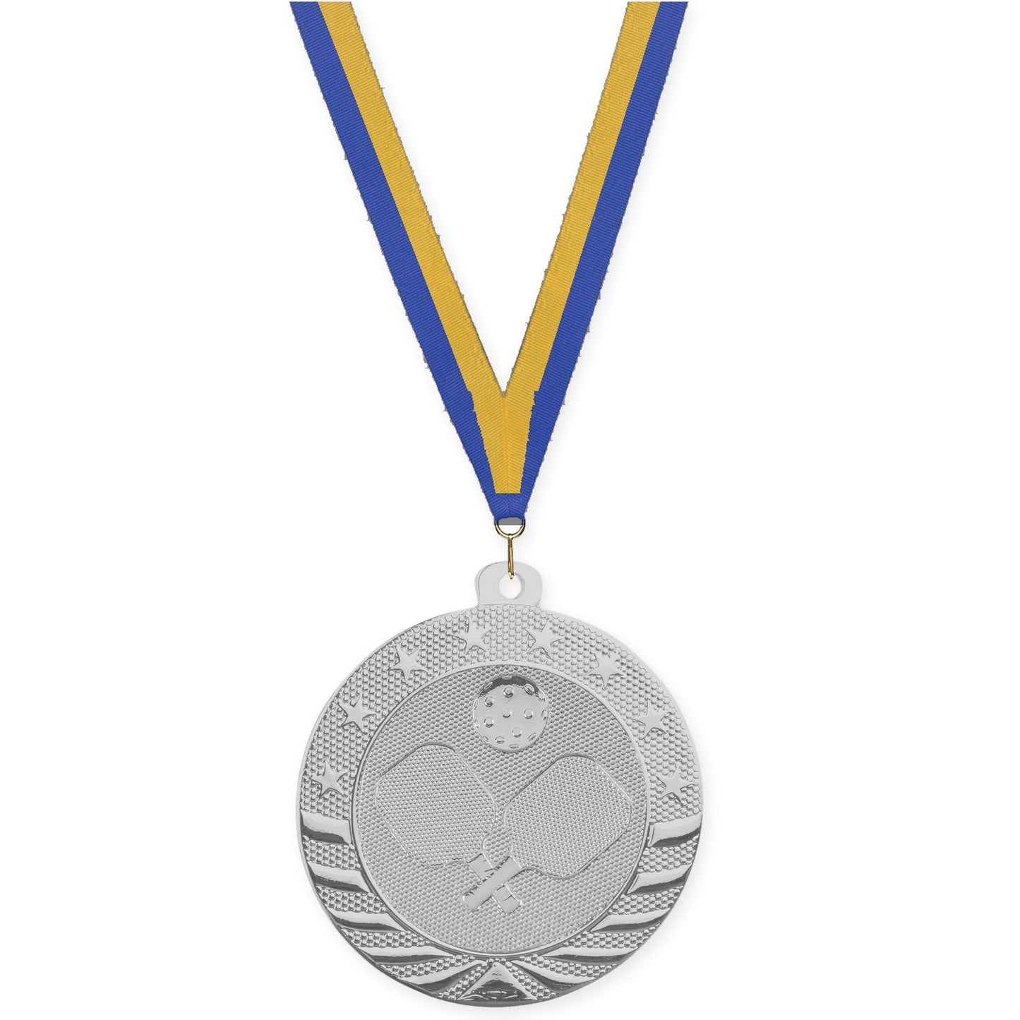 2 inch pickleball Starbrite medal in bright silver with Blue Gold neck ribbon