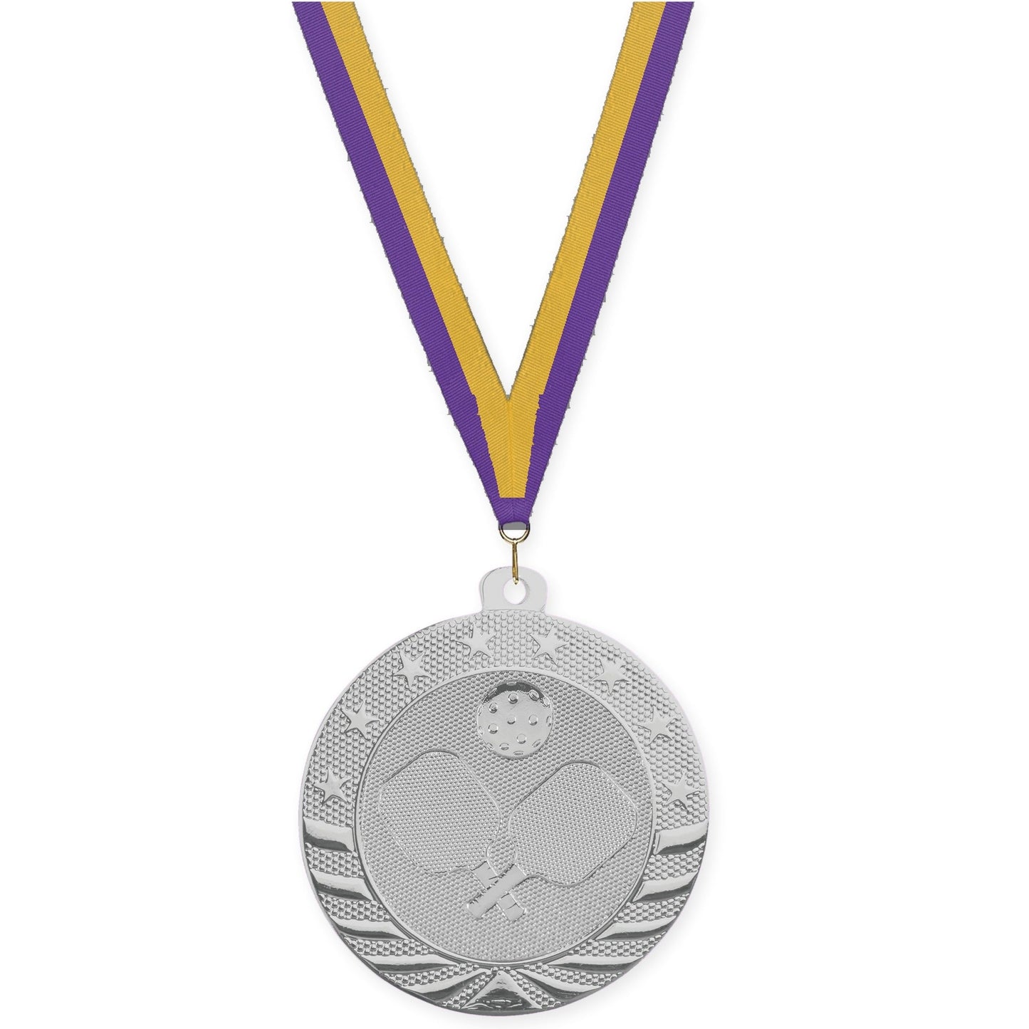 2 inch pickleball Starbrite medal in bright silver with Purple Gold neck ribbon