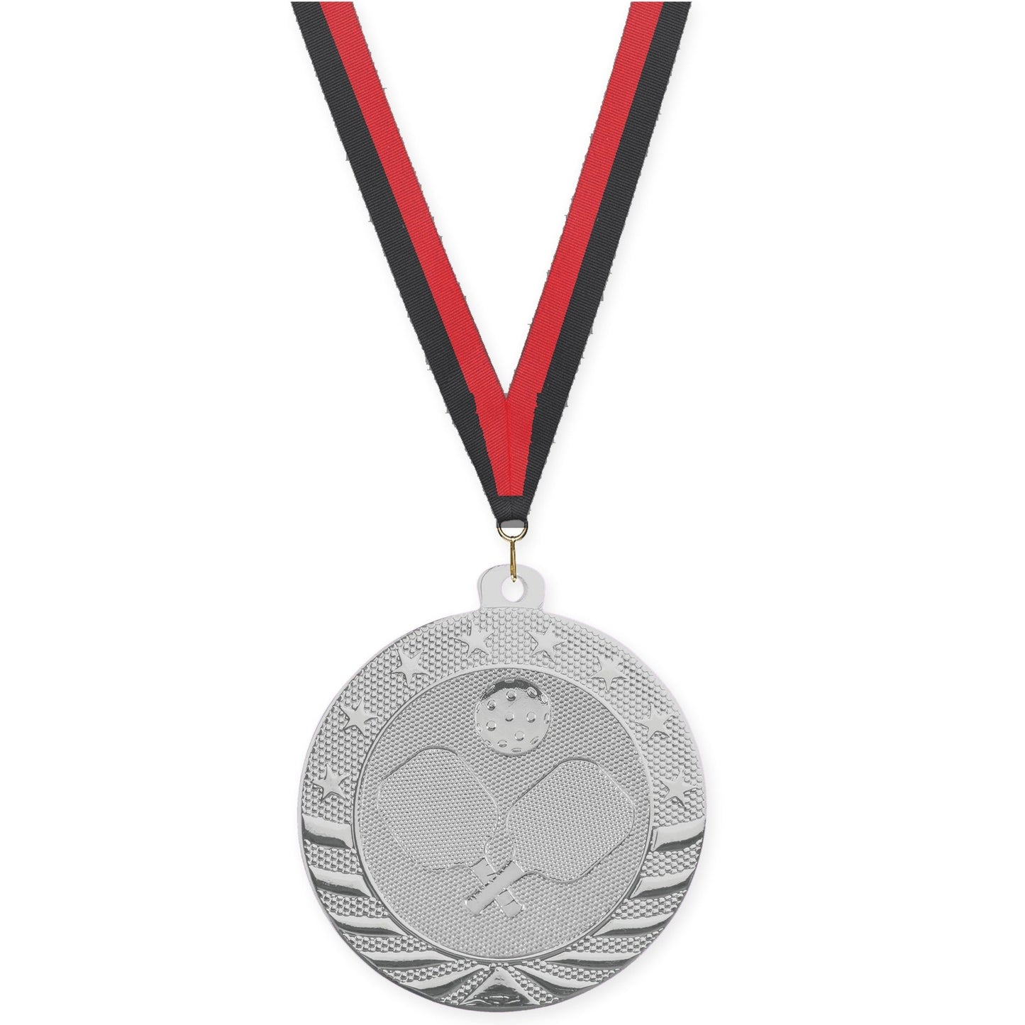 2 inch pickleball Starbrite medal in bright silver with Black Red neck ribbon