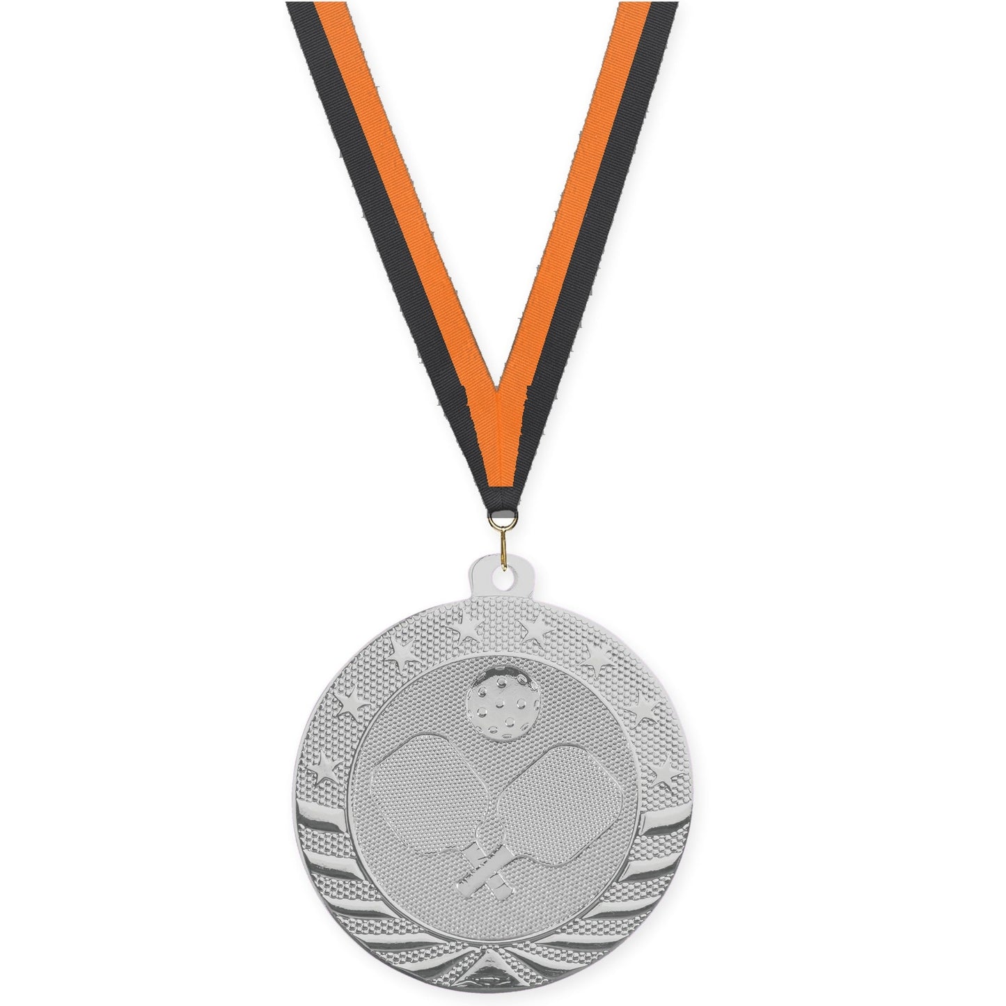 2 inch pickleball Starbrite medal in bright silver with Black Orange neck ribbon