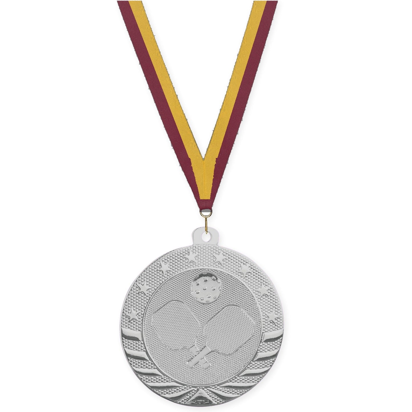 2 inch pickleball Starbrite medal in bright silver with Maroon Gold neck ribbon