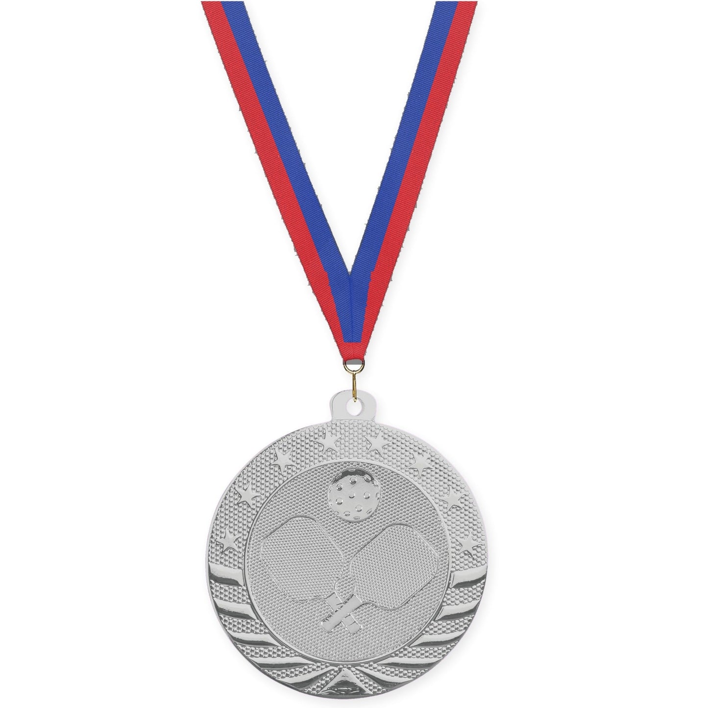 2 inch pickleball Starbrite medal in bright silver with Blue Red neck ribbon