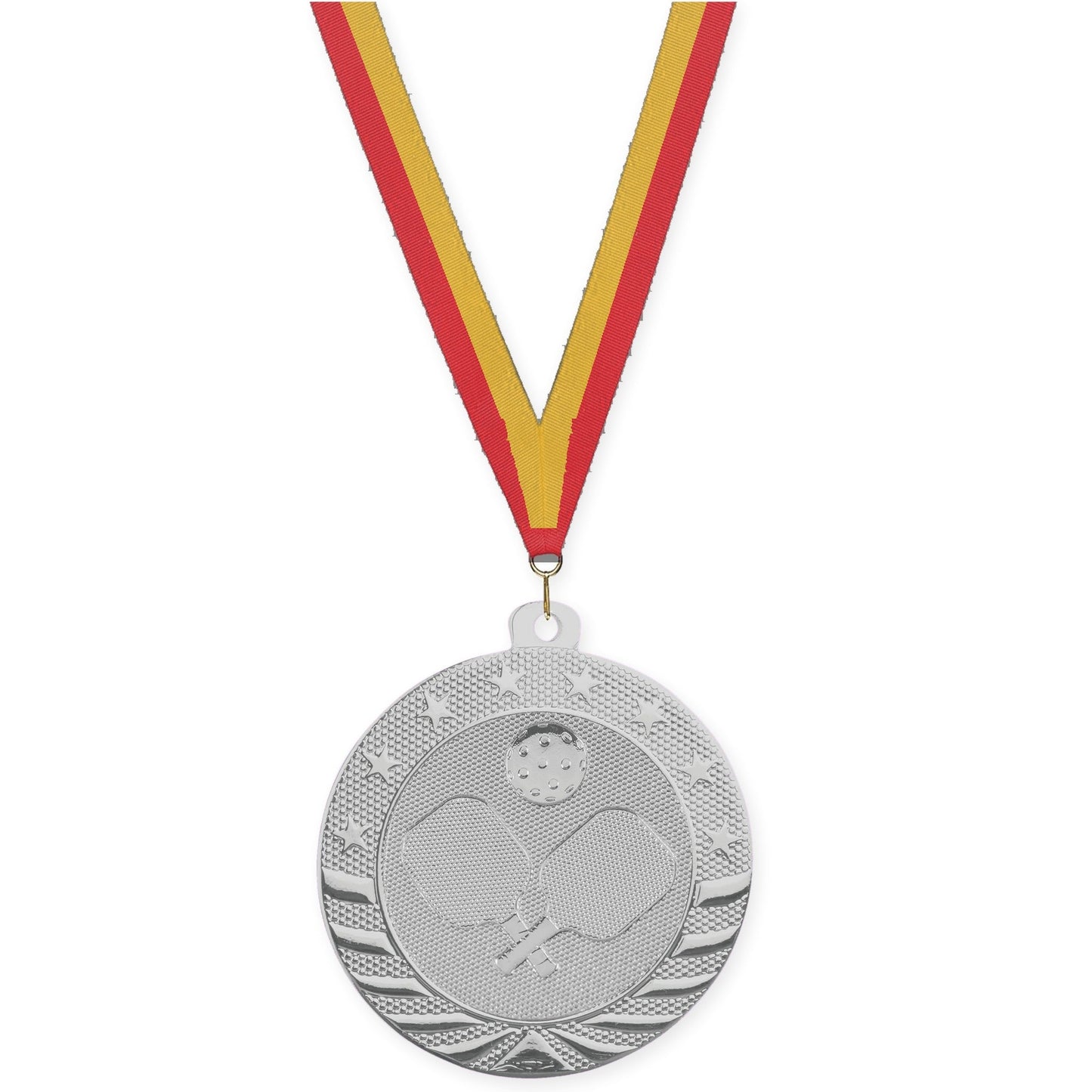 2 inch pickleball Starbrite medal in bright silver with Red Gold neck ribbon