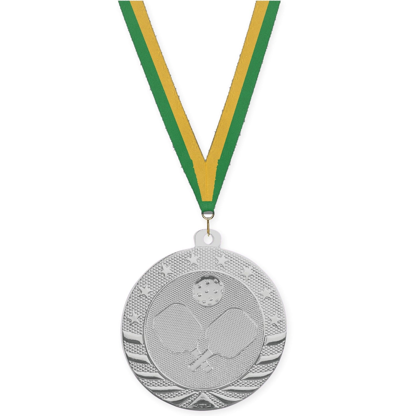 2 inch pickleball Starbrite medal in bright silver with Green Gold neck ribbon