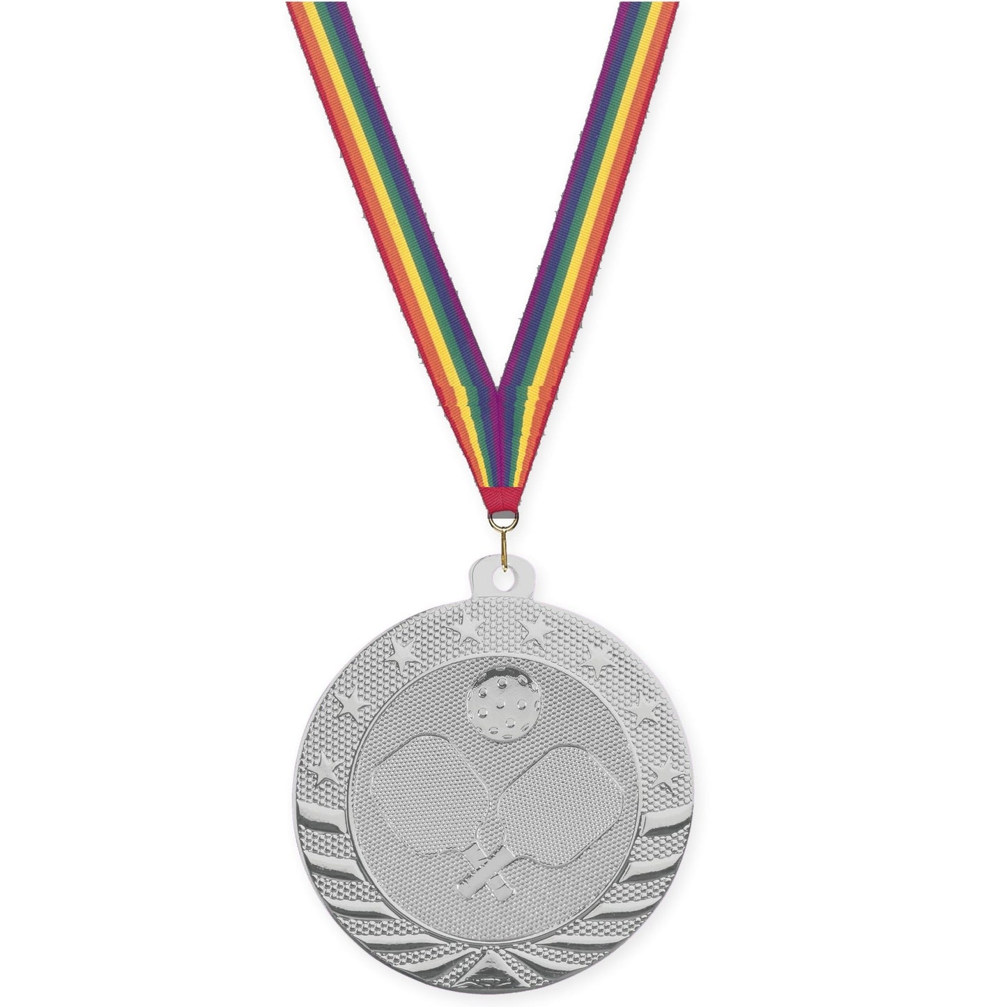 2 inch pickleball Starbrite medal in bright silver with Rainbow neck ribbon
