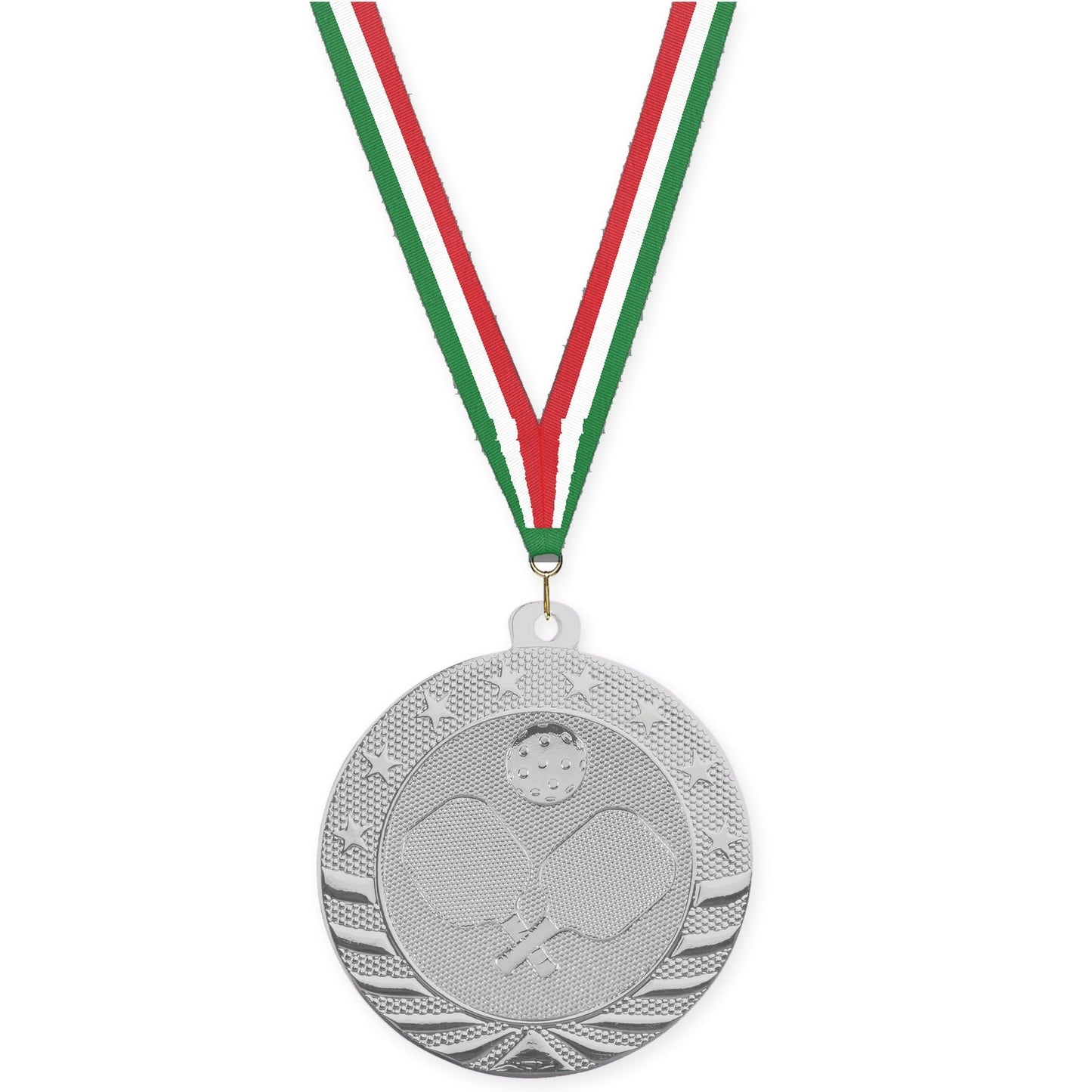 2 inch pickleball Starbrite medal in bright silver with Green White Red neck ribbon