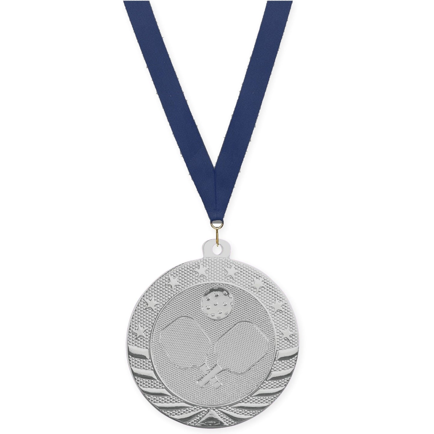 2 inch pickleball Starbrite medal in bright silver with Navy neck ribbon