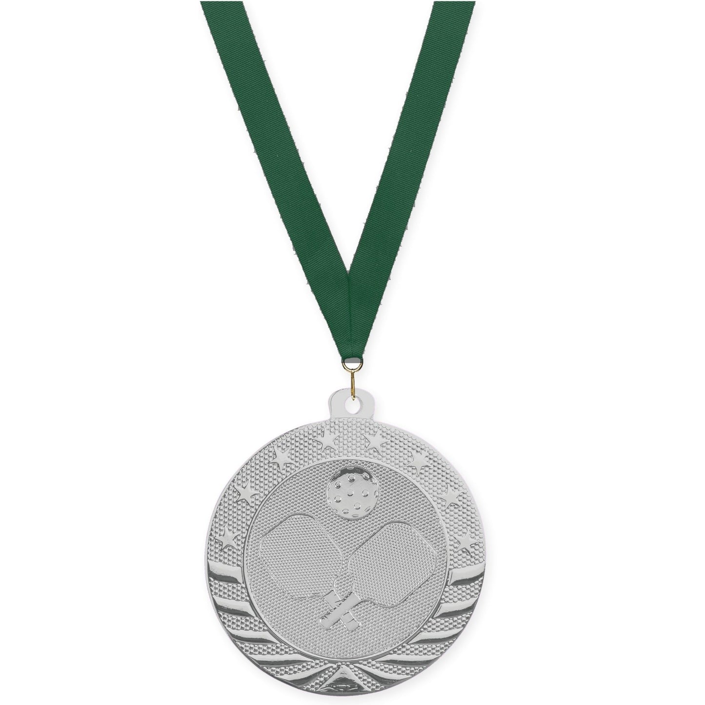 2 inch pickleball Starbrite medal in bright silver with Hunter Green neck ribbon