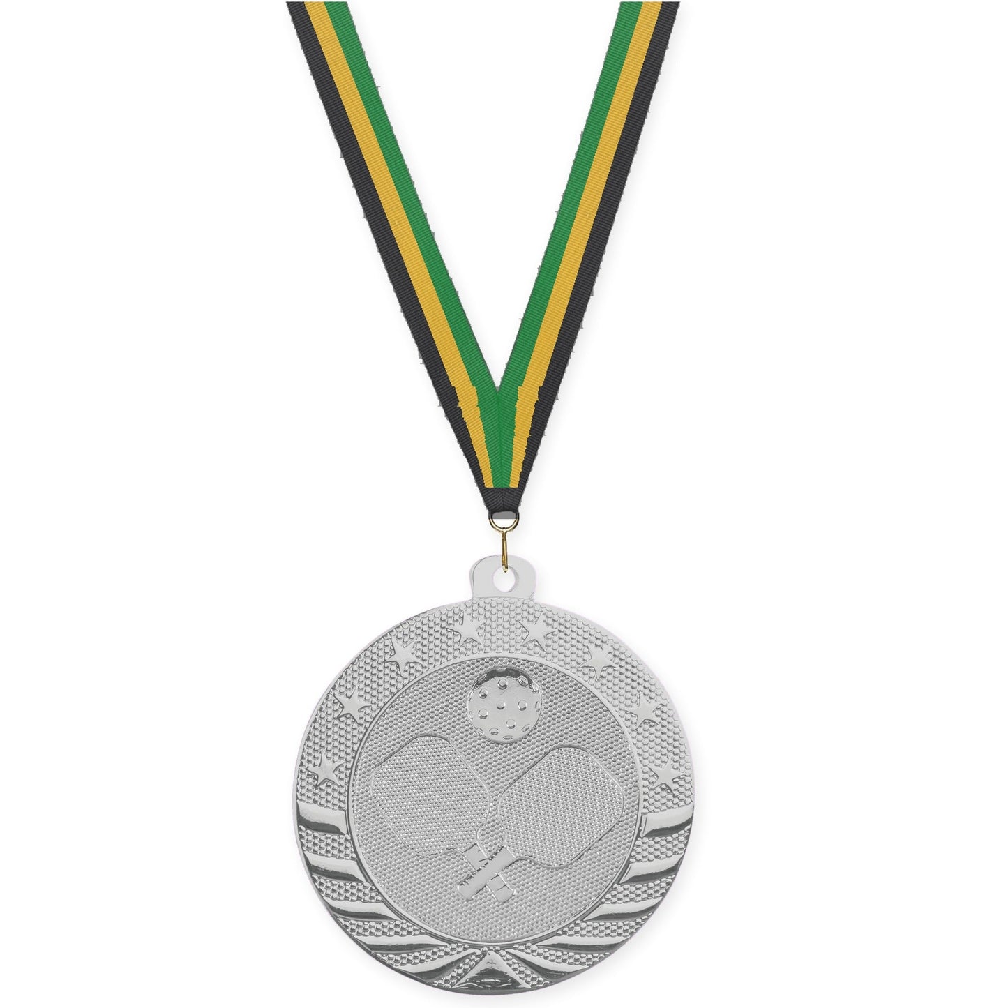 2 inch pickleball Starbrite medal in bright silver with Black Gold Green neck ribbon