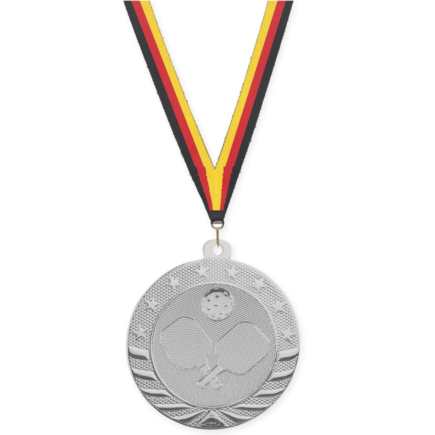 2 inch pickleball Starbrite medal in bright silver with Black Red Yellow neck ribbon