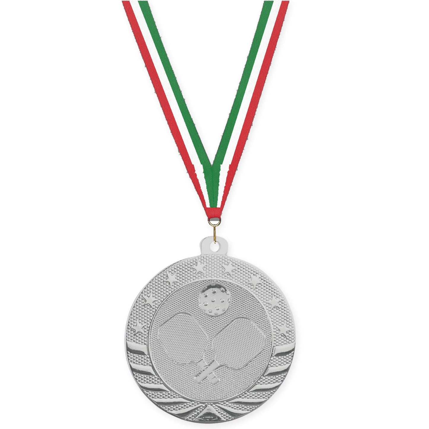 2 inch pickleball Starbrite medal in bright silver with Red White Green neck ribbon