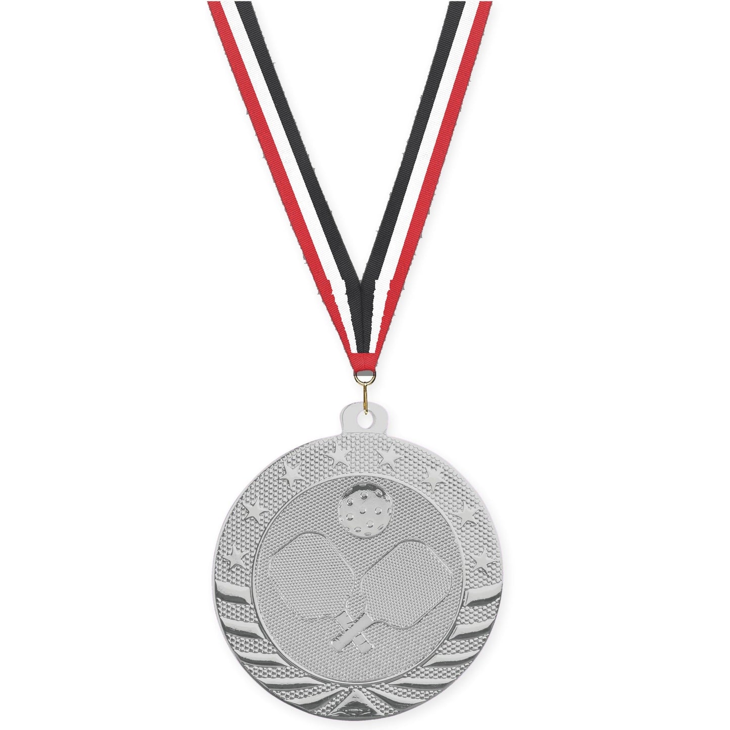 2 inch pickleball Starbrite medal in bright silver with Red White Black neck ribbon