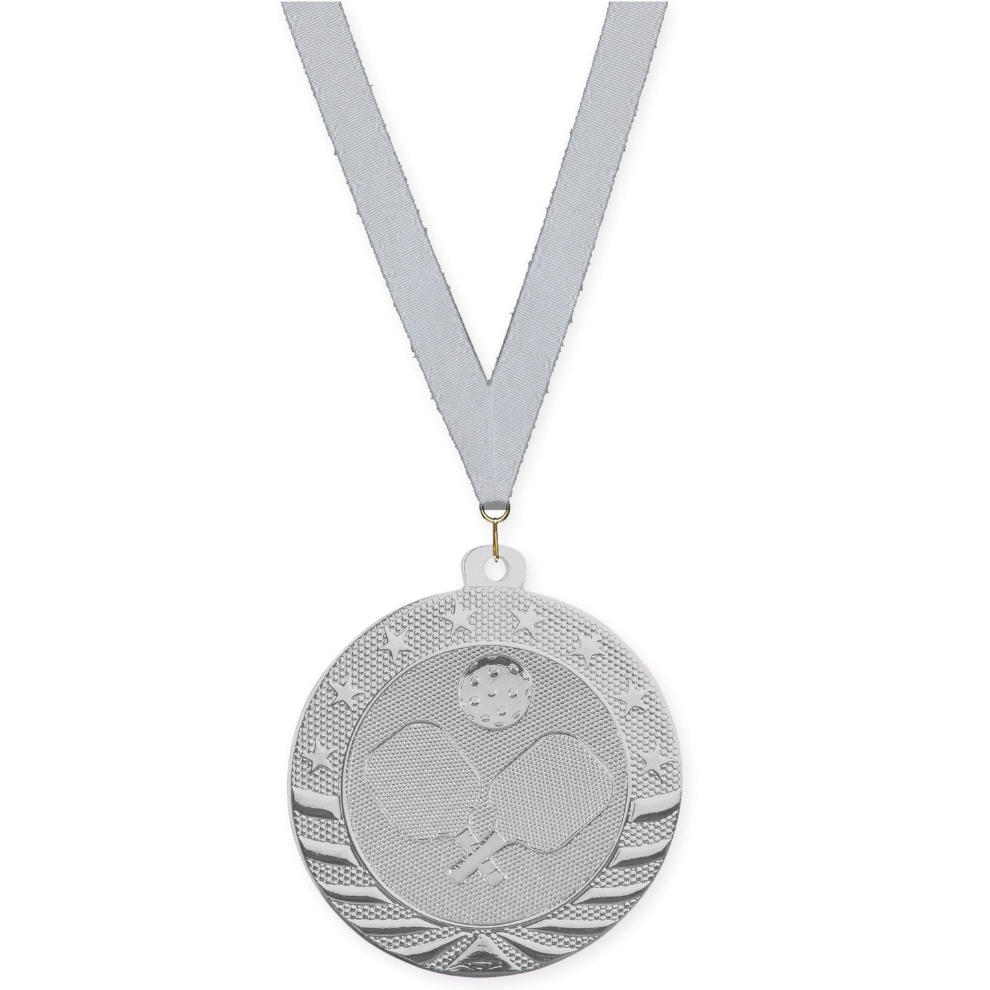 2 inch pickleball Starbrite medal in bright silver with Silver Metallic neck ribbon