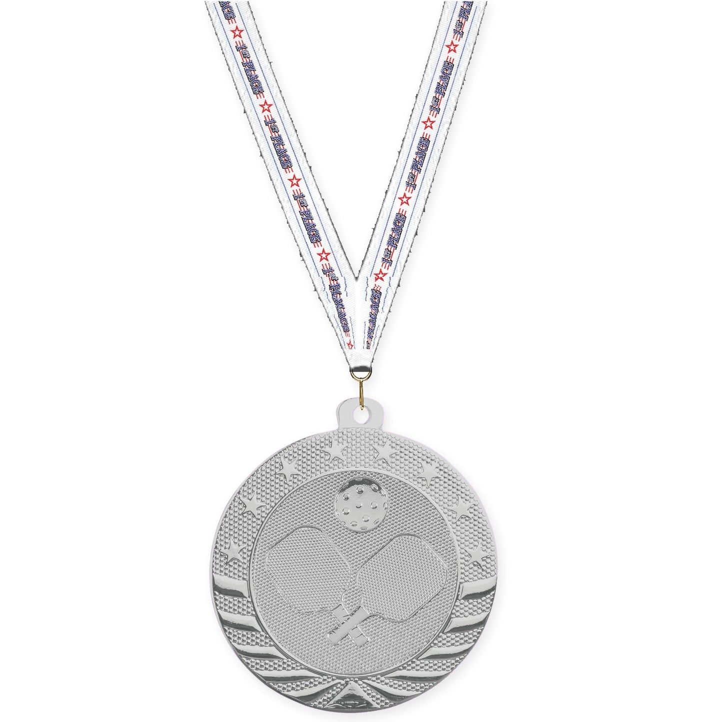 2 inch pickleball Starbrite medal in bright silver with 1st Place neck ribbon