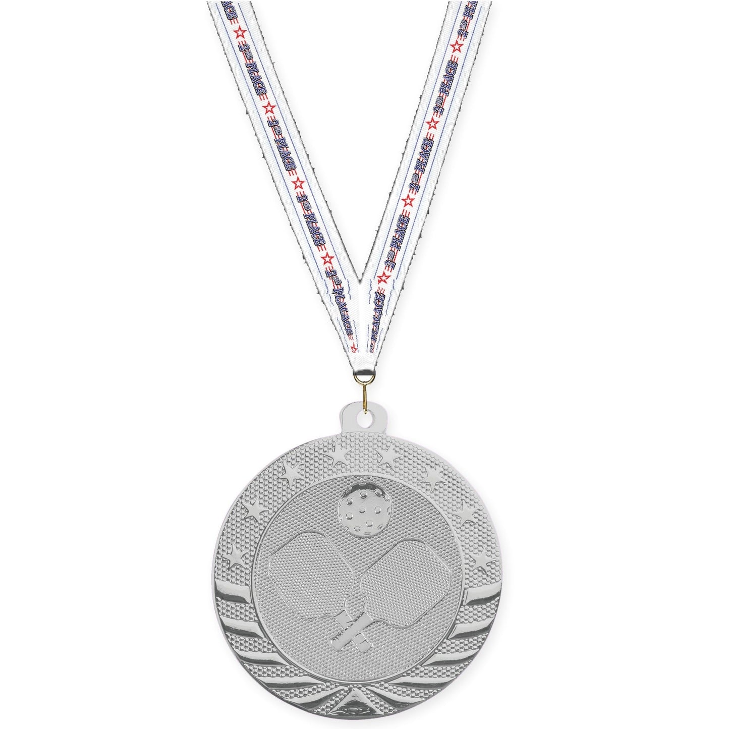 2 inch pickleball Starbrite medal in bright silver with 2nd Place neck ribbon