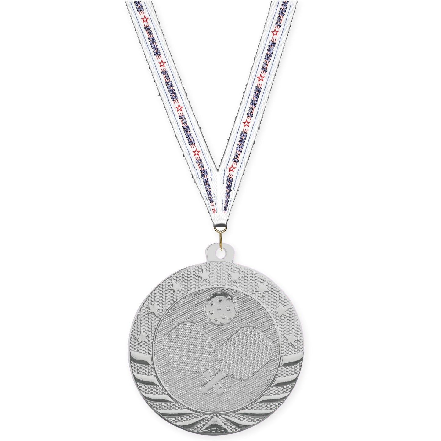 2 inch pickleball Starbrite medal in bright silver with 3rd Place neck ribbon