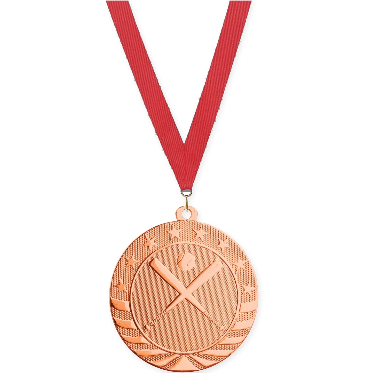 2 3/4 inch baseball and softball Starbrite medal in bright bronze with Red neck ribbon