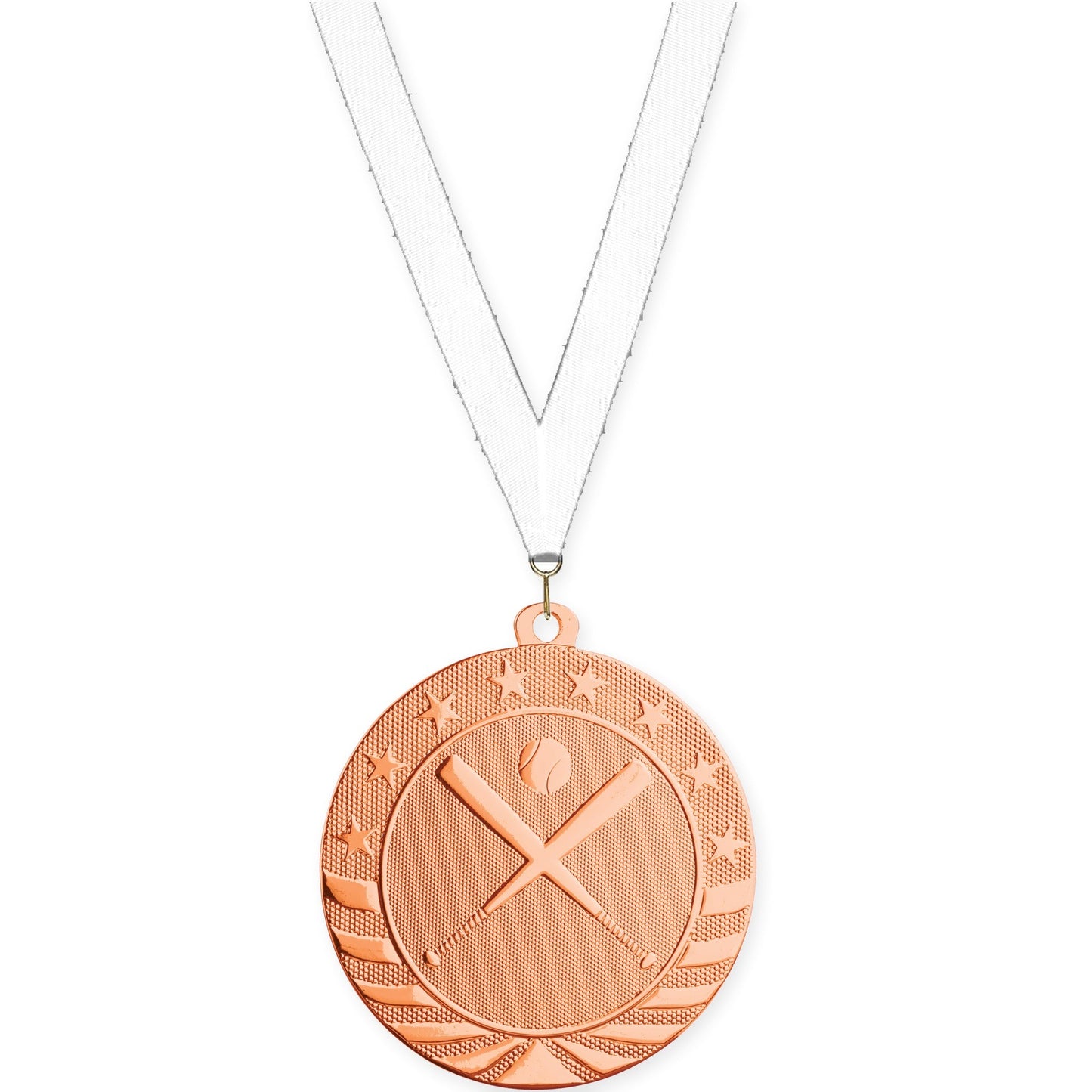 2 3/4 inch baseball and softball Starbrite medal in bright bronze with White neck ribbon