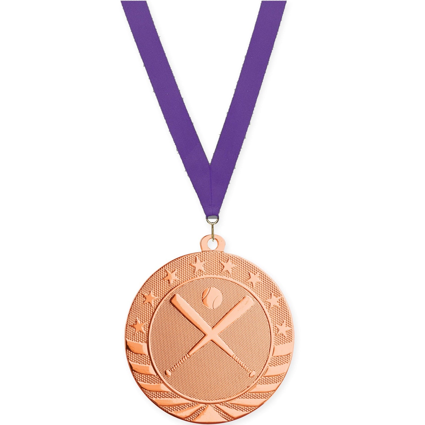 2 3/4 inch baseball and softball Starbrite medal in bright bronze with Purple neck ribbon