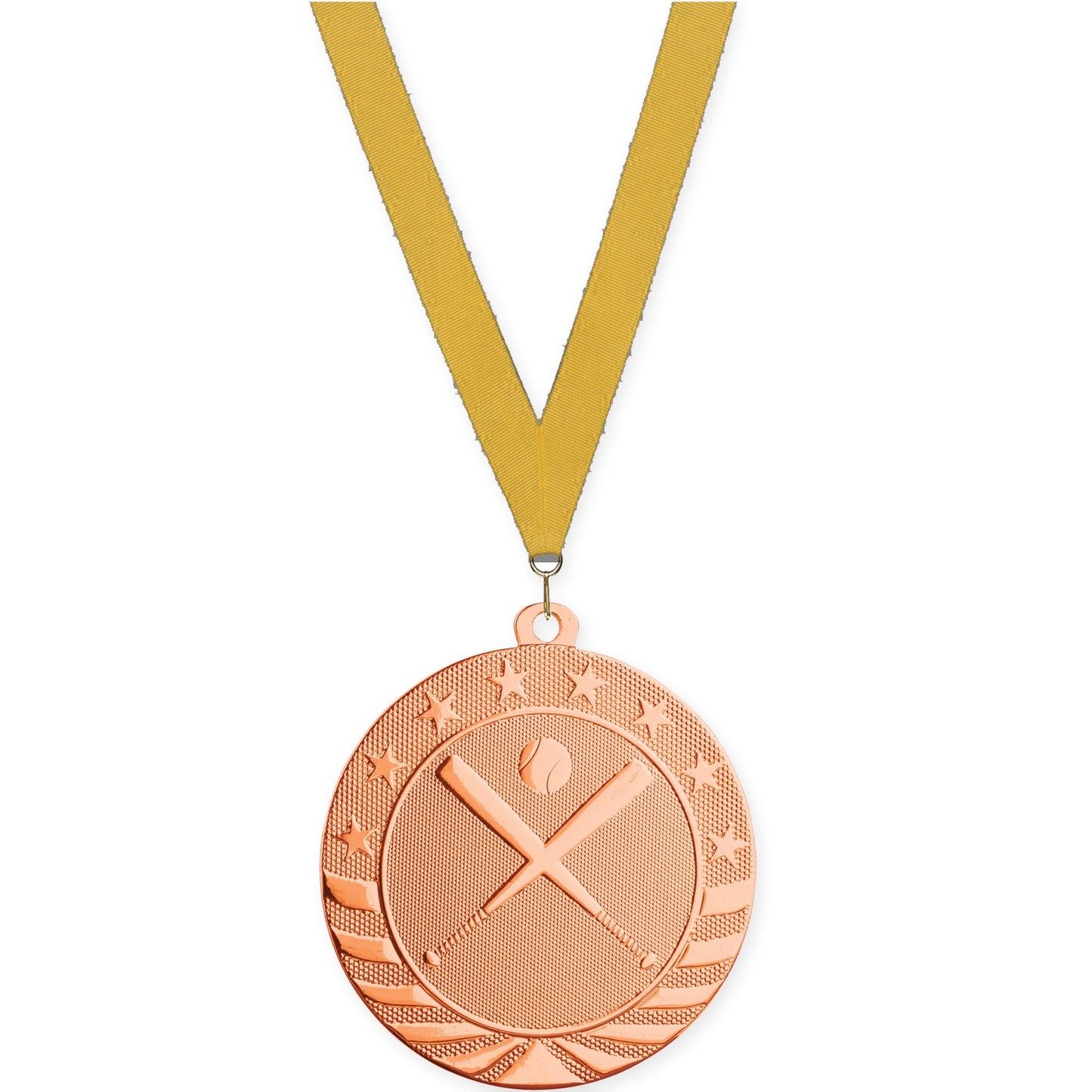 2 3/4 inch baseball and softball Starbrite medal in bright bronze with Gold neck ribbon