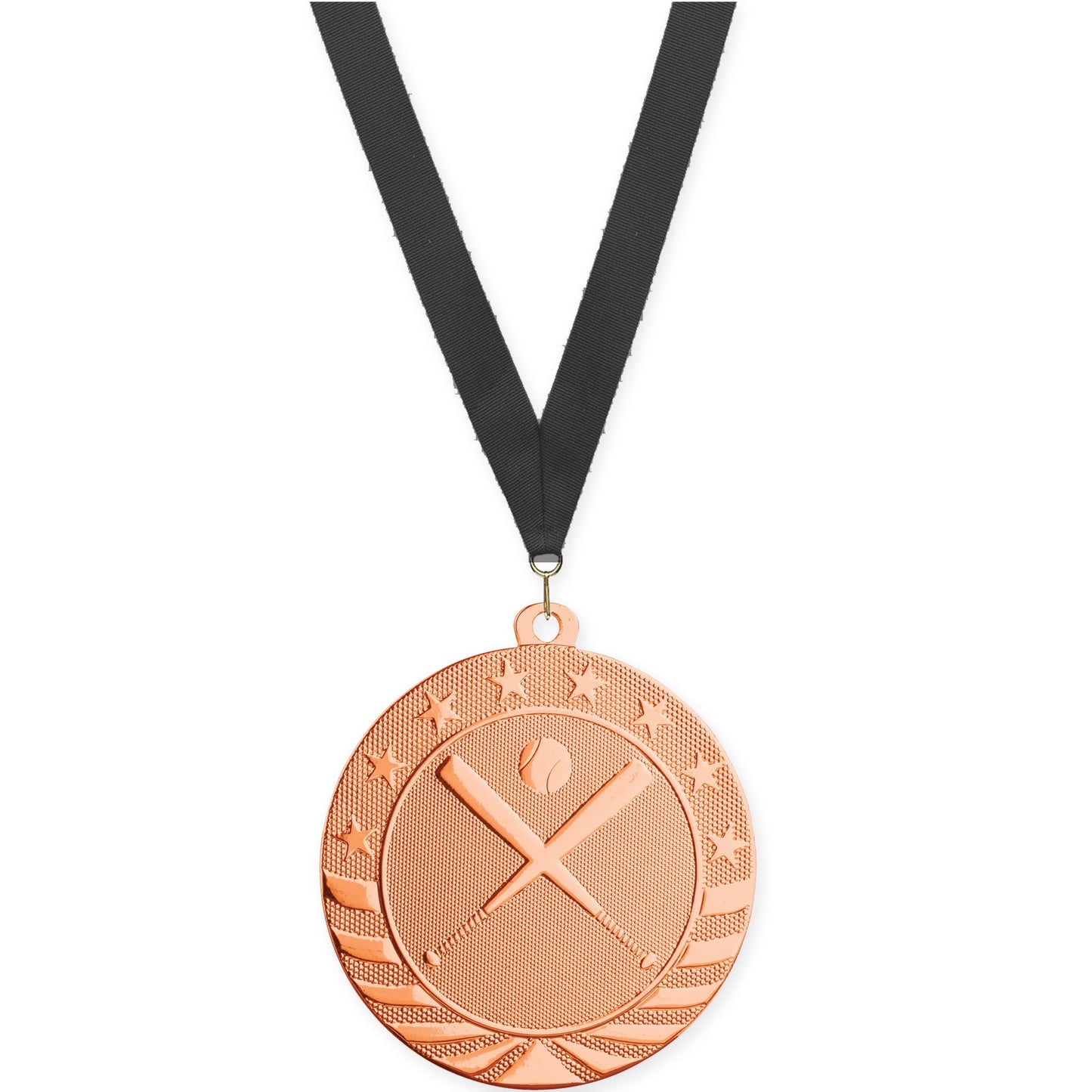 2 3/4 inch baseball and softball Starbrite medal in bright bronze with Black neck ribbon