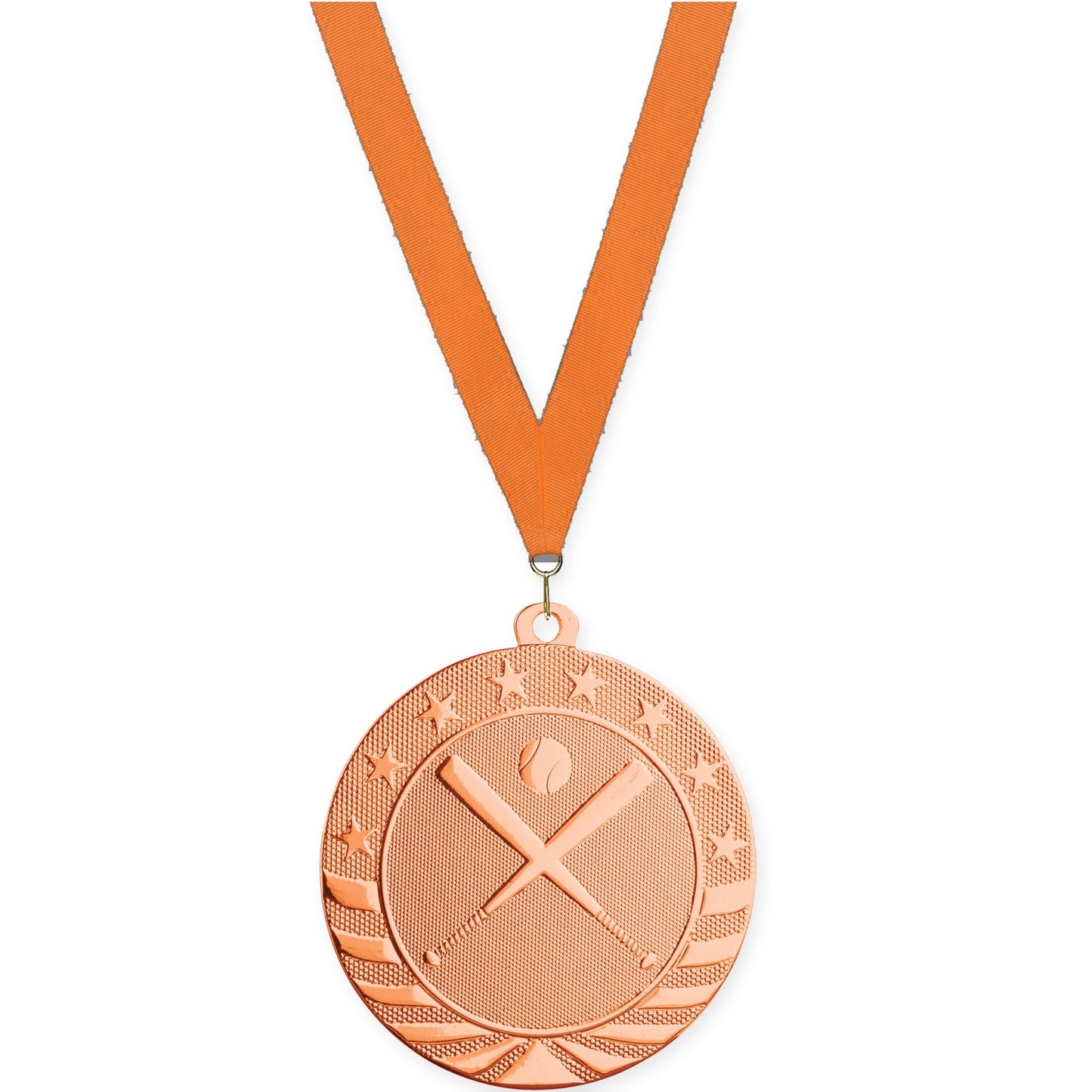 2 3/4 inch baseball and softball Starbrite medal in bright bronze with Orange neck ribbon