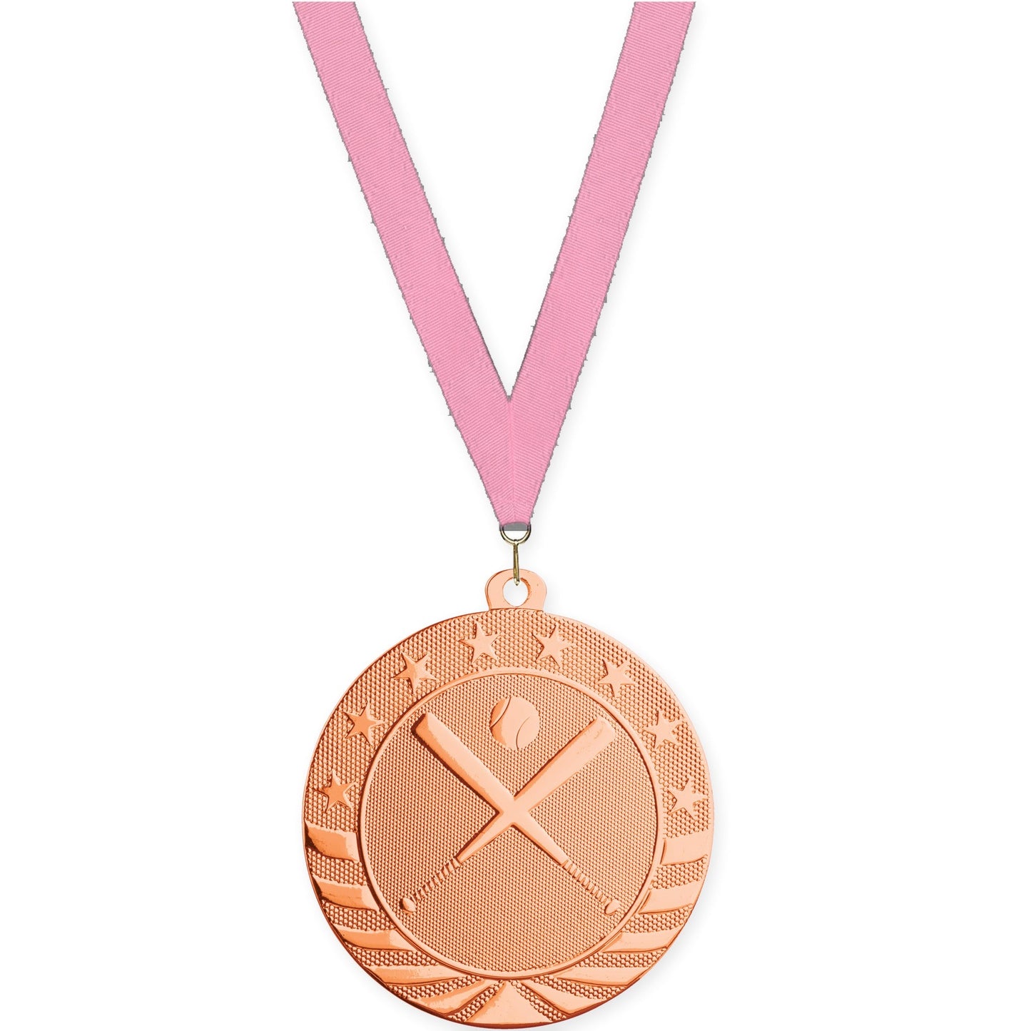 2 3/4 inch baseball and softball Starbrite medal in bright bronze with Pink neck ribbon