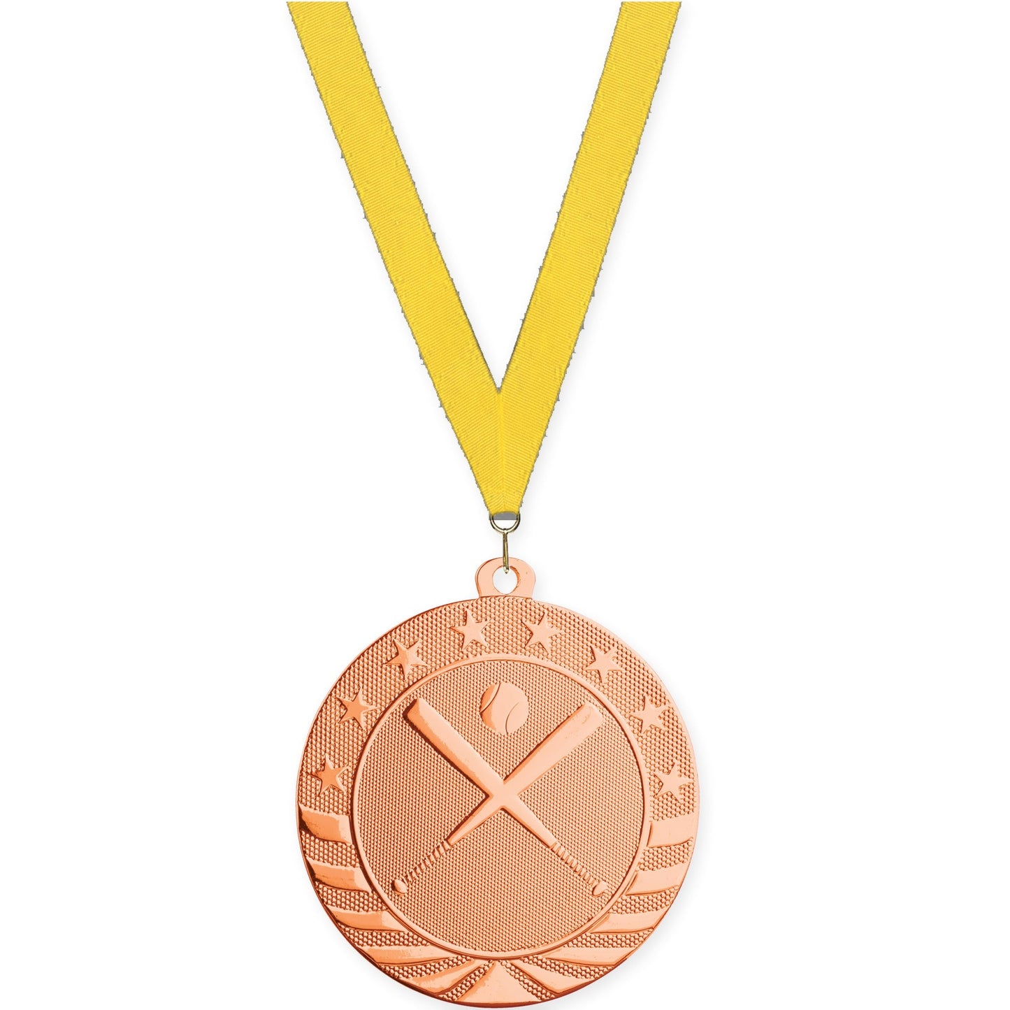 2 3/4 inch baseball and softball Starbrite medal in bright bronze with Yellow neck ribbon