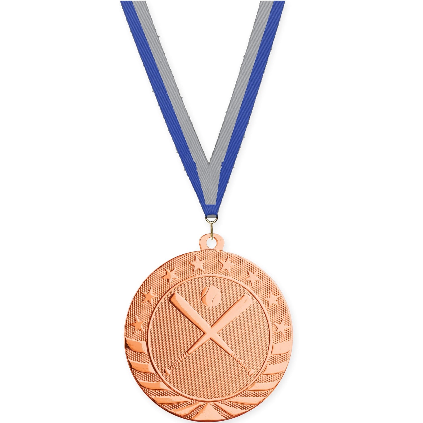 2 3/4 inch baseball and softball Starbrite medal in bright bronze with Blue Gray neck ribbon