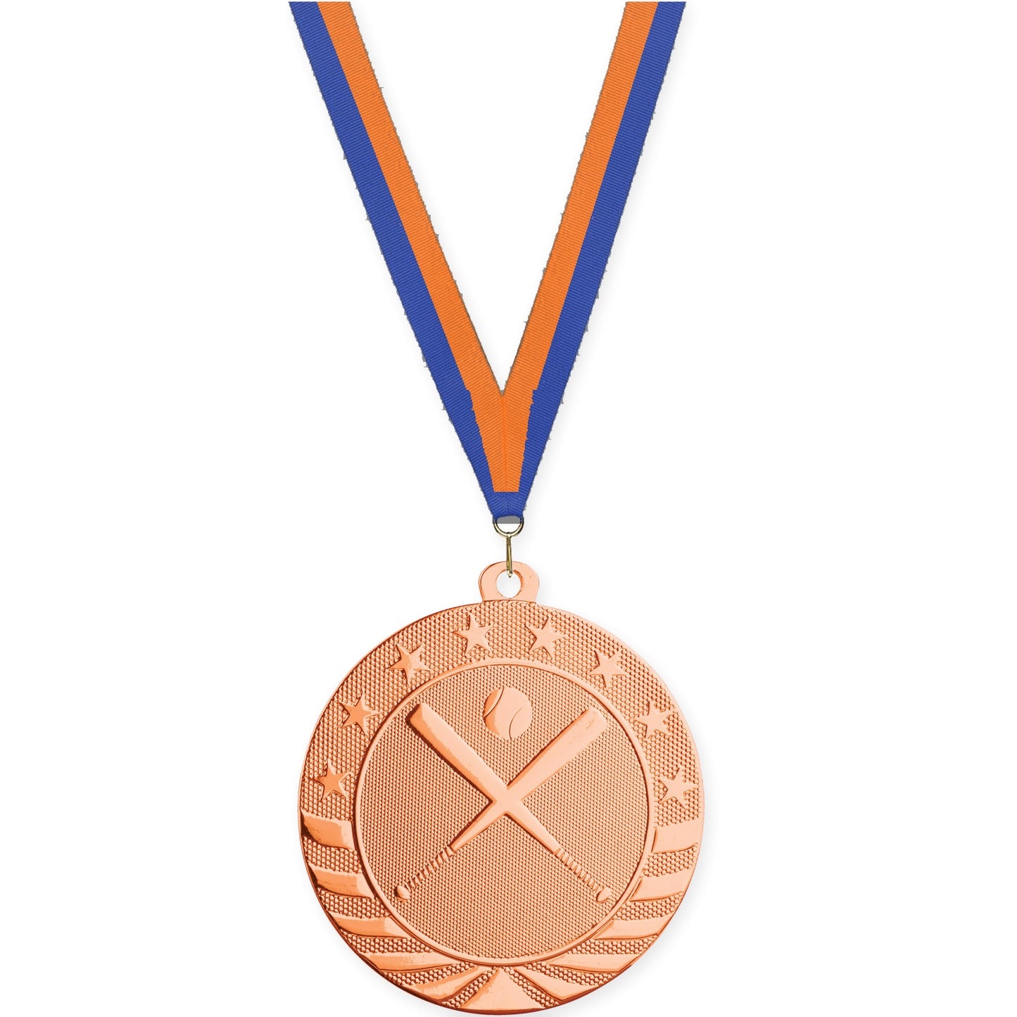 2 3/4 inch baseball and softball Starbrite medal in bright bronze with Blue Orange neck ribbon