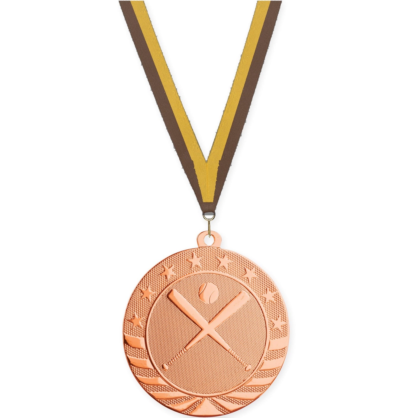 2 3/4 inch baseball and softball Starbrite medal in bright bronze with Brown Gold neck ribbon