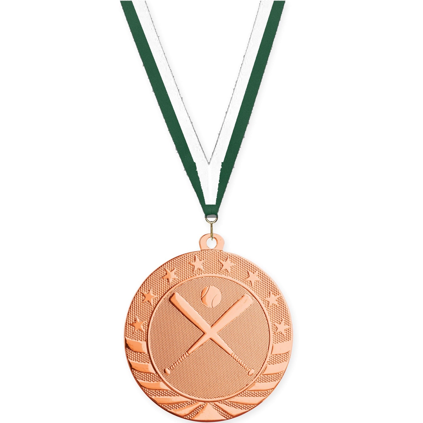 2 3/4 inch baseball and softball Starbrite medal in bright bronze with Hunter Green White neck ribbon