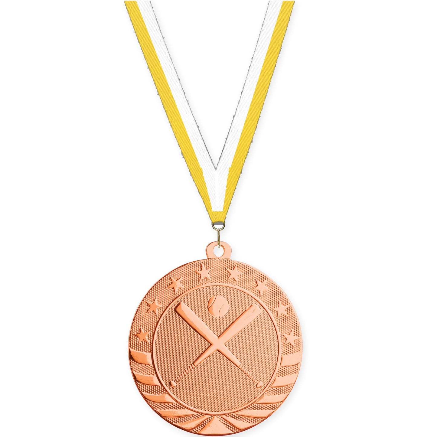 2 3/4 inch baseball and softball Starbrite medal in bright bronze with Yellow White neck ribbon