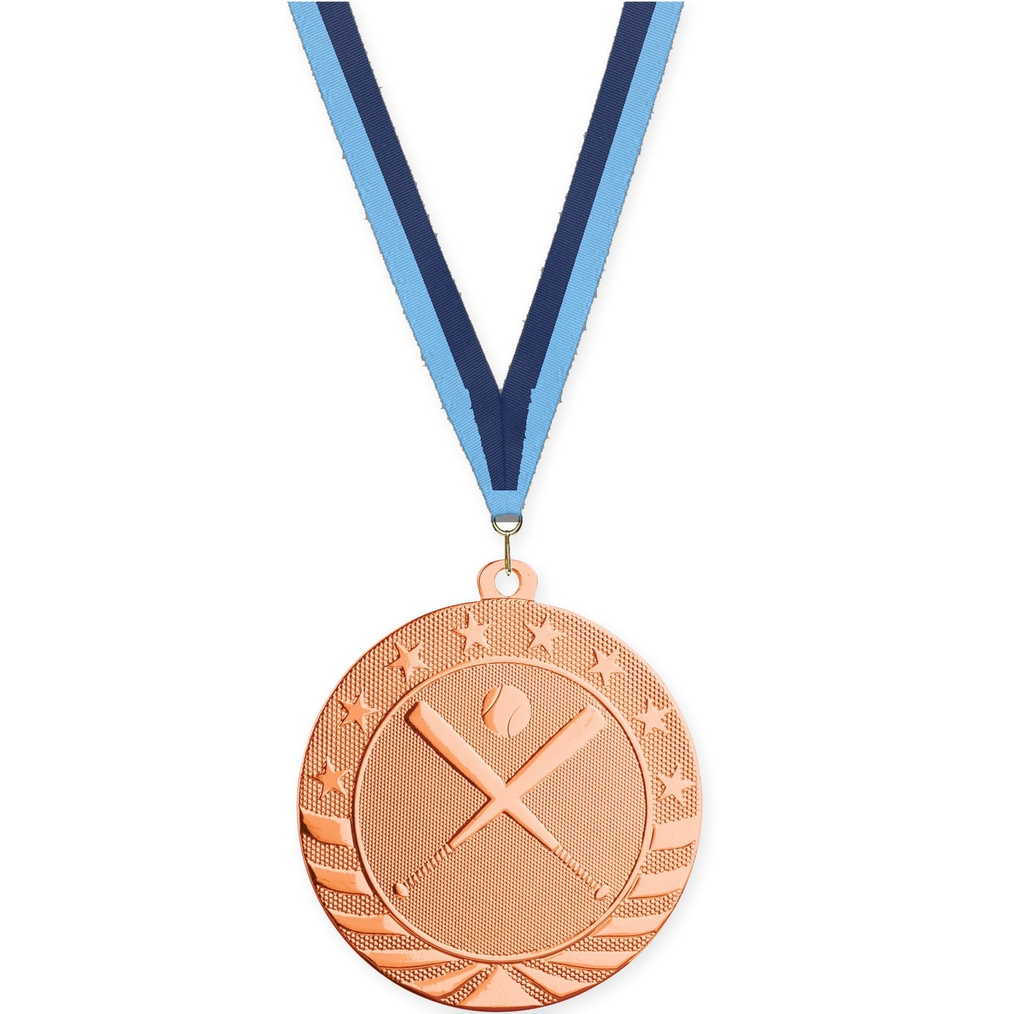 2 3/4 inch baseball and softball Starbrite medal in bright bronze with Light Blue Navy neck ribbon