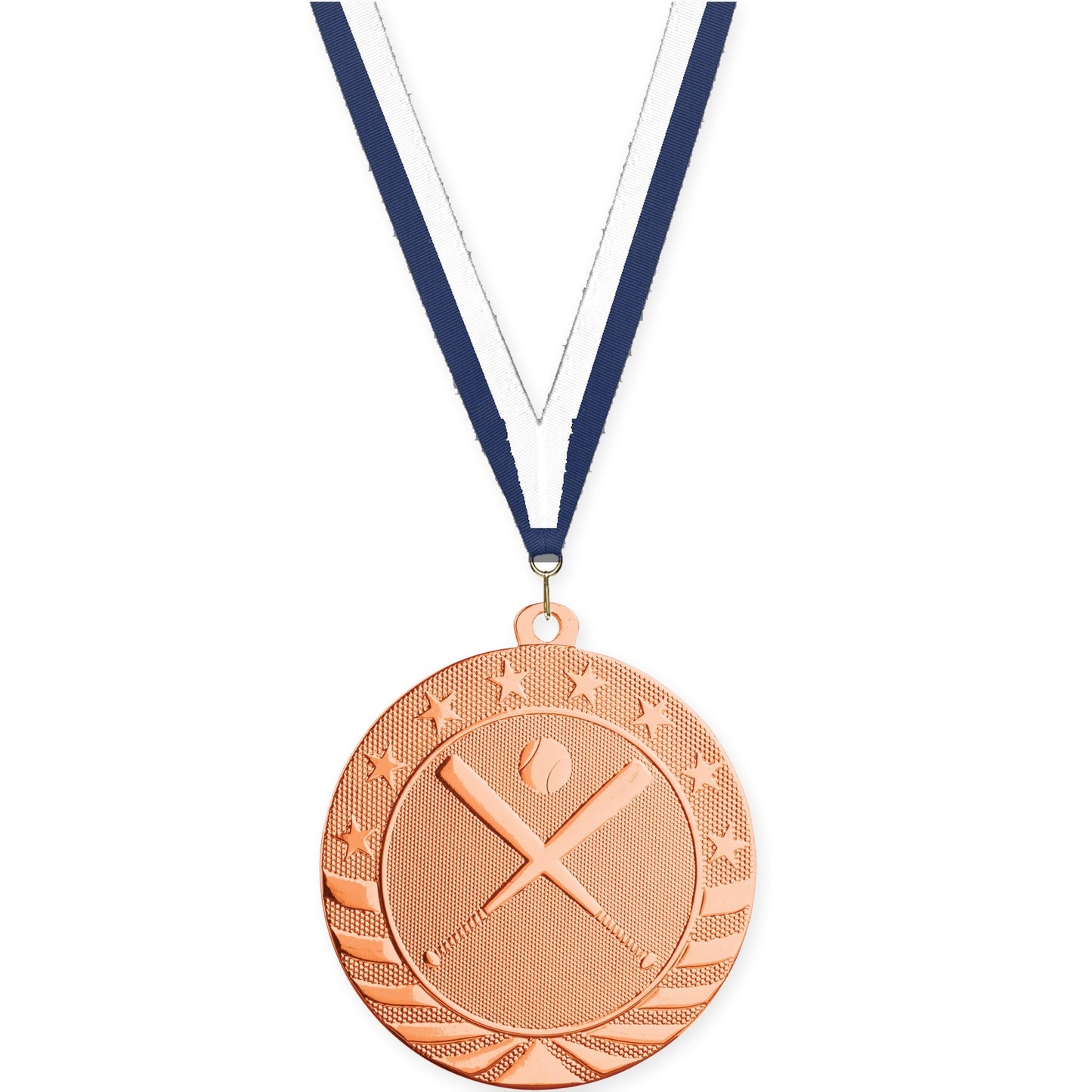 2 3/4 inch baseball and softball Starbrite medal in bright bronze with Navy White neck ribbon