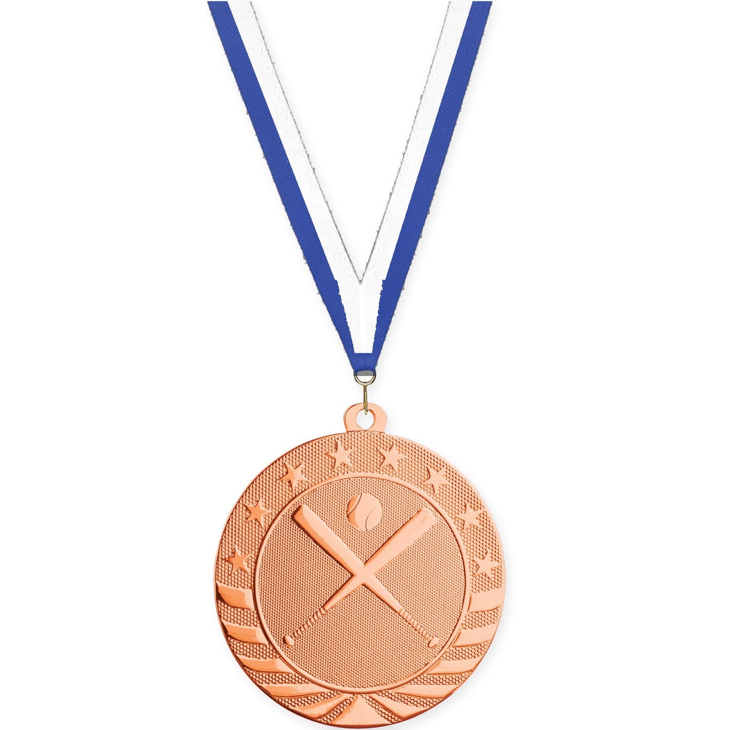 2 3/4 inch baseball and softball Starbrite medal in bright bronze with Blue White neck ribbon