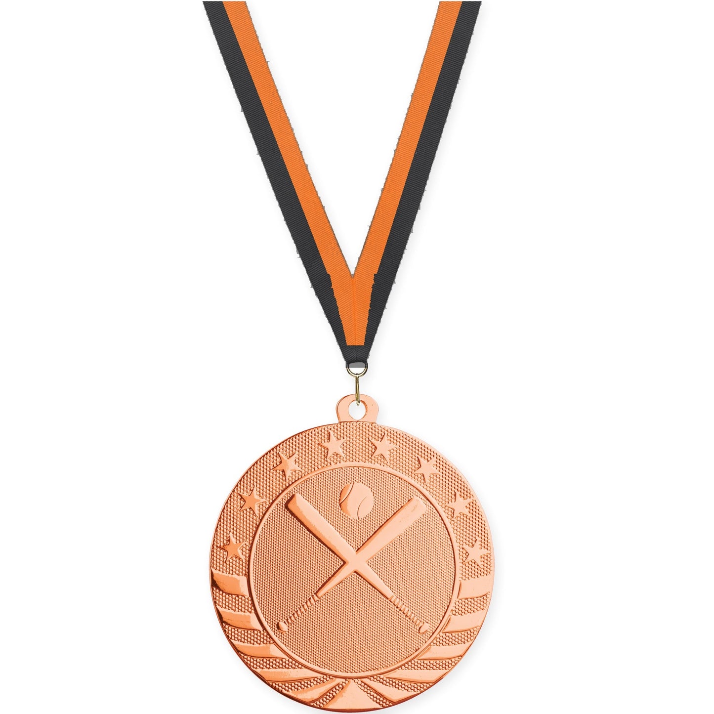 2 3/4 inch baseball and softball Starbrite medal in bright bronze with Black Orange neck ribbon