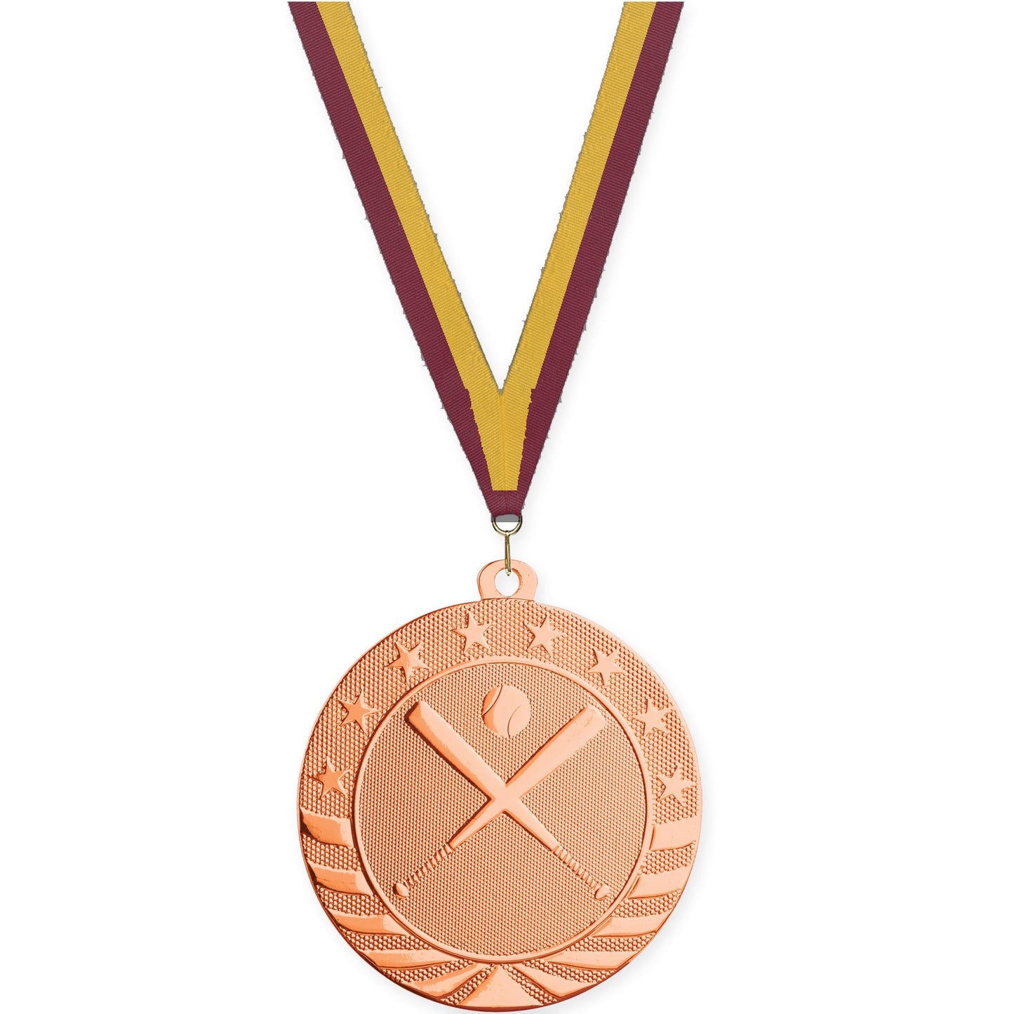 2 3/4 inch baseball and softball Starbrite medal in bright bronze with Maroon Gold neck ribbon