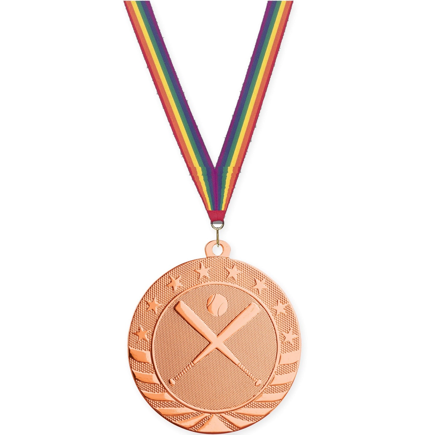 2 3/4 inch baseball and softball Starbrite medal in bright bronze with Rainbow neck ribbon
