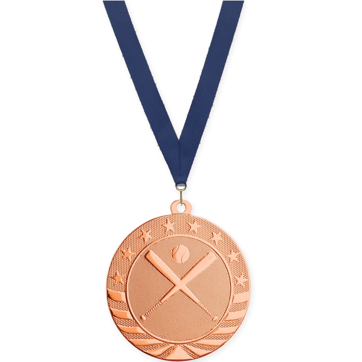 2 3/4 inch baseball and softball Starbrite medal in bright bronze with Navy neck ribbon