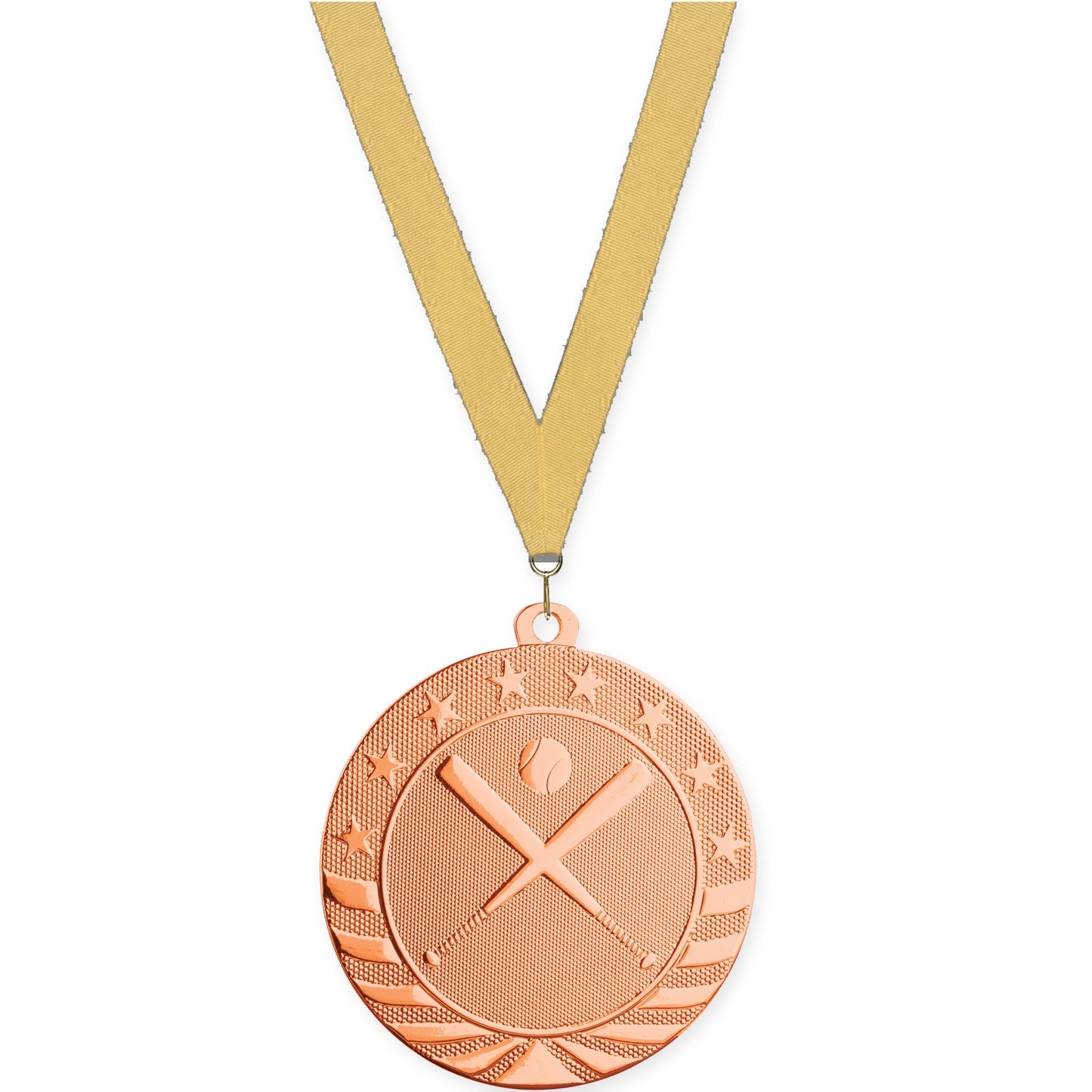 2 3/4 inch baseball and softball Starbrite medal in bright bronze with Gold Metallic neck ribbon